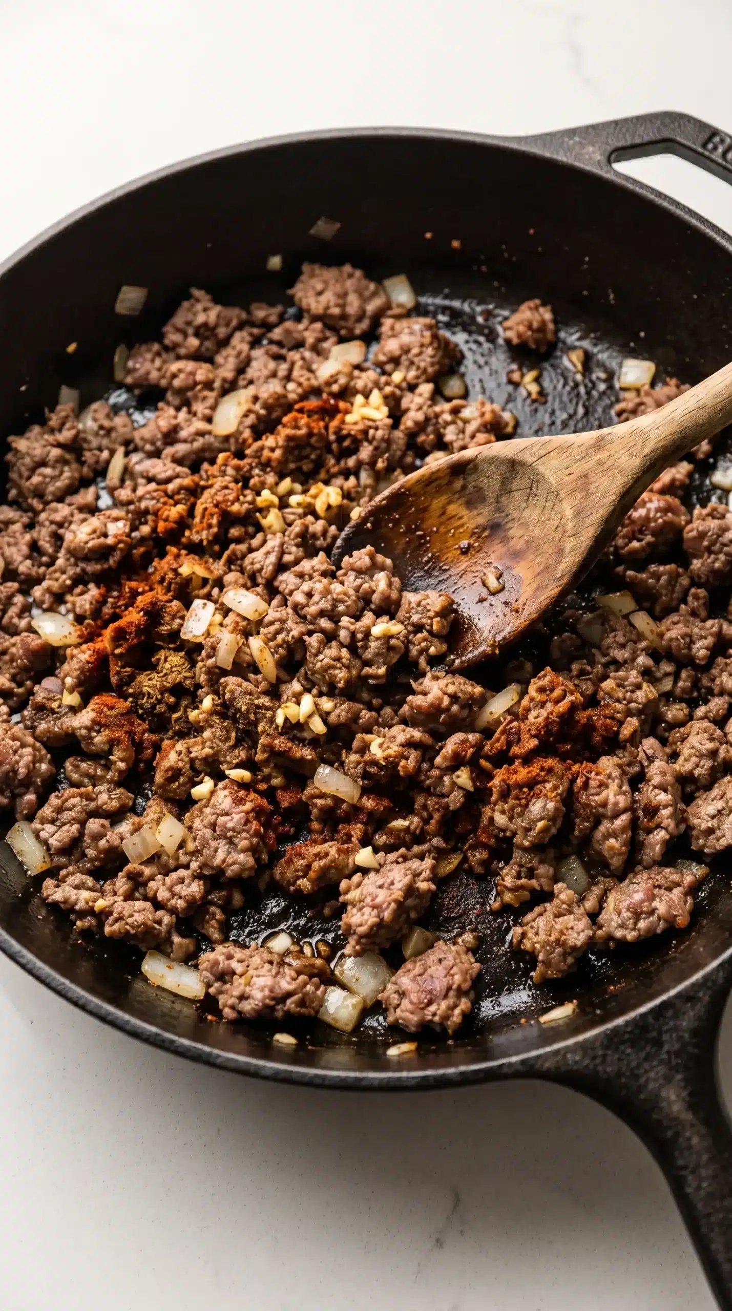 Ground beef browning in a skillet with onion, garlic, chili powder, and cumin for a burrito bowl