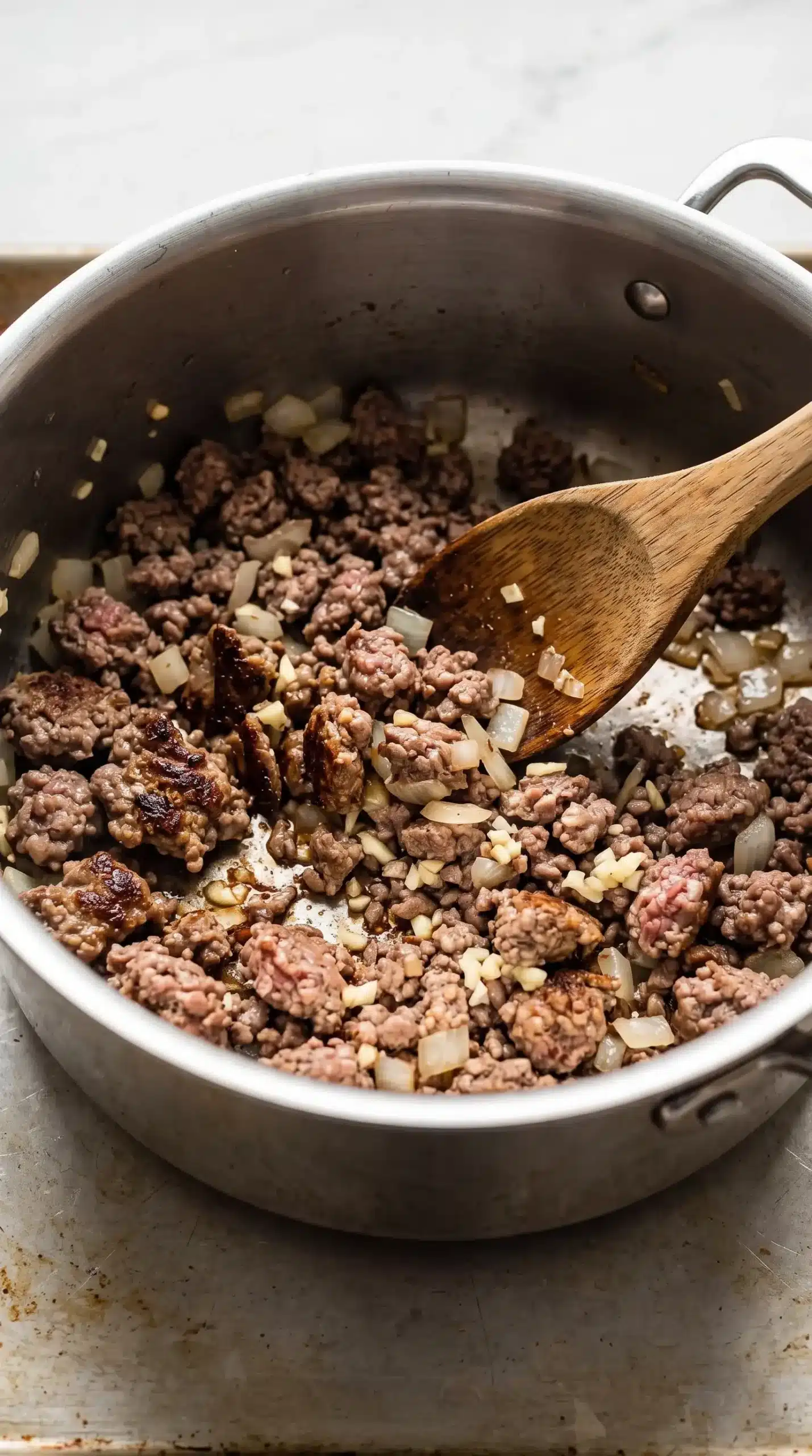 Ground beef browning with onion and garlic in a pot for lasagna soup