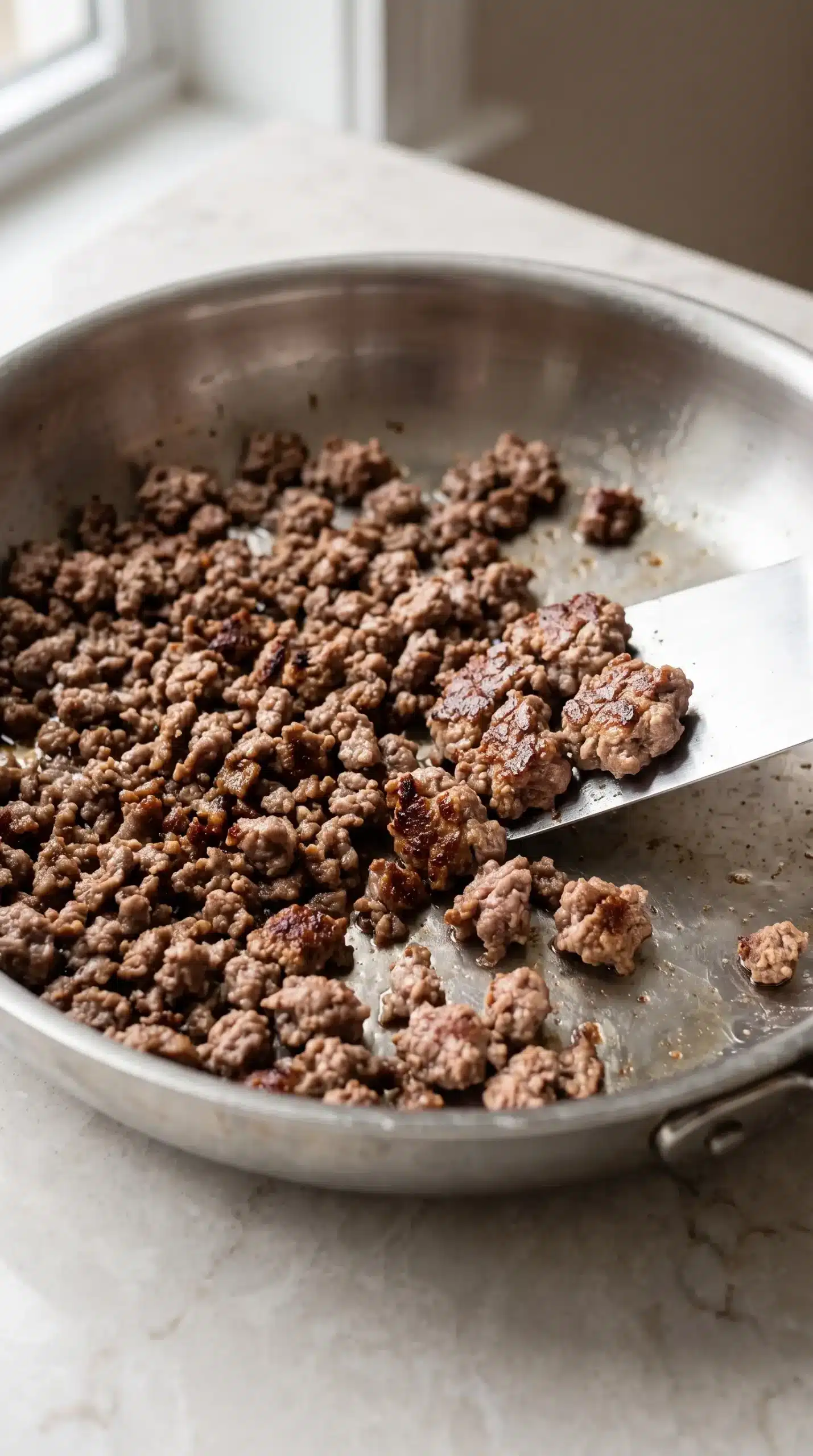 Ground beef browning in a skillet with caramelized edges for a Korean beef bowl