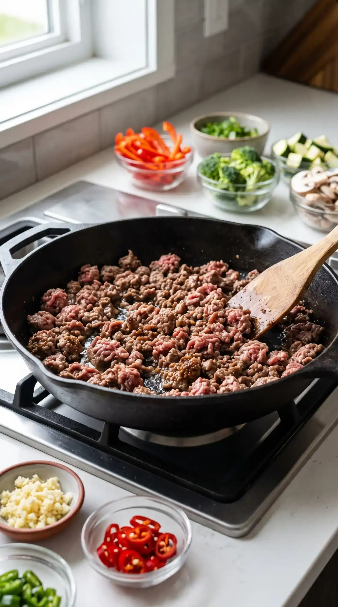 Ground beef browning in a skillet for a spicy stir-fry bowl with vegetables