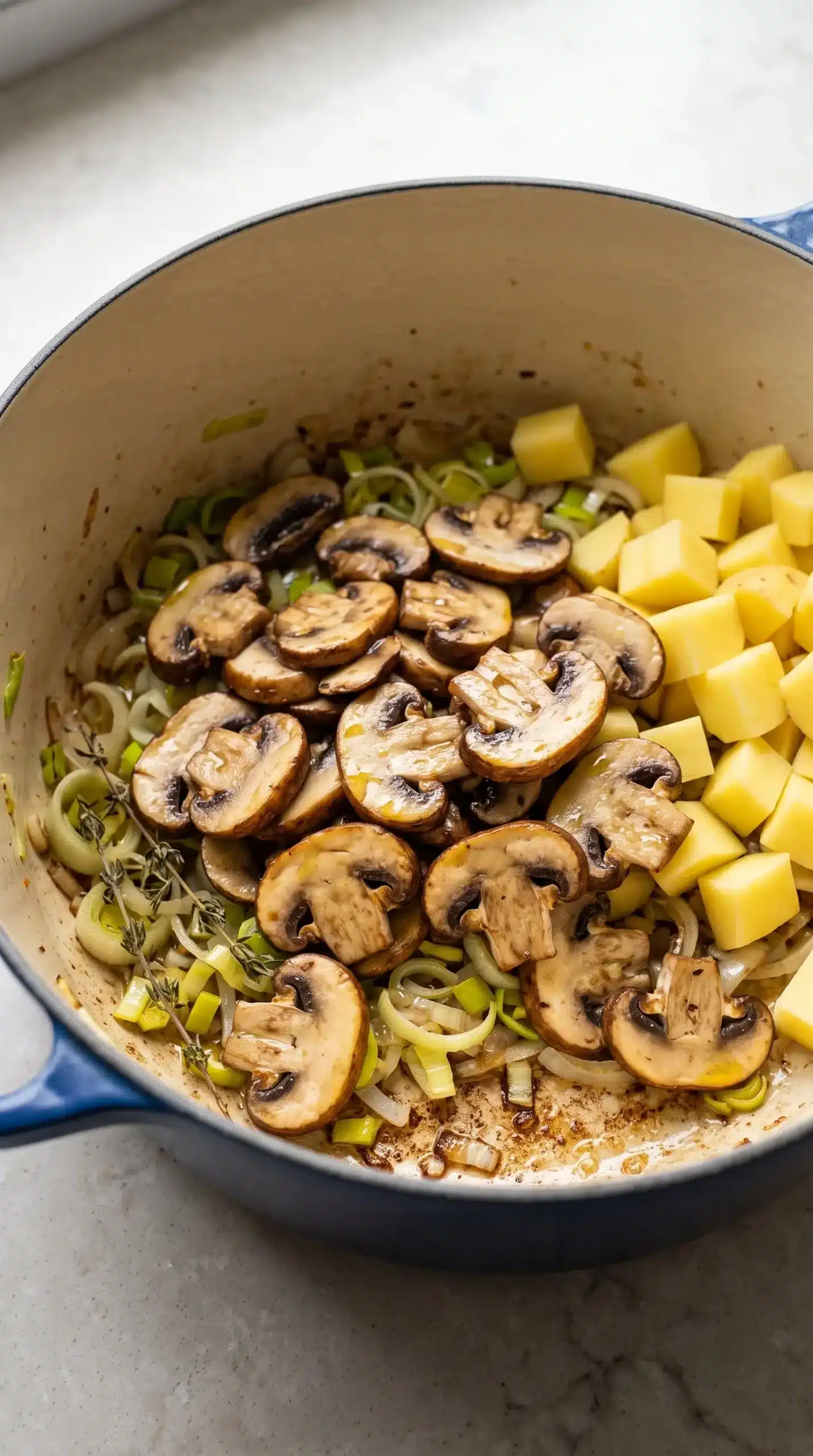 Brown mushrooms, leeks, onions, and potatoes browning in a Dutch oven for soup