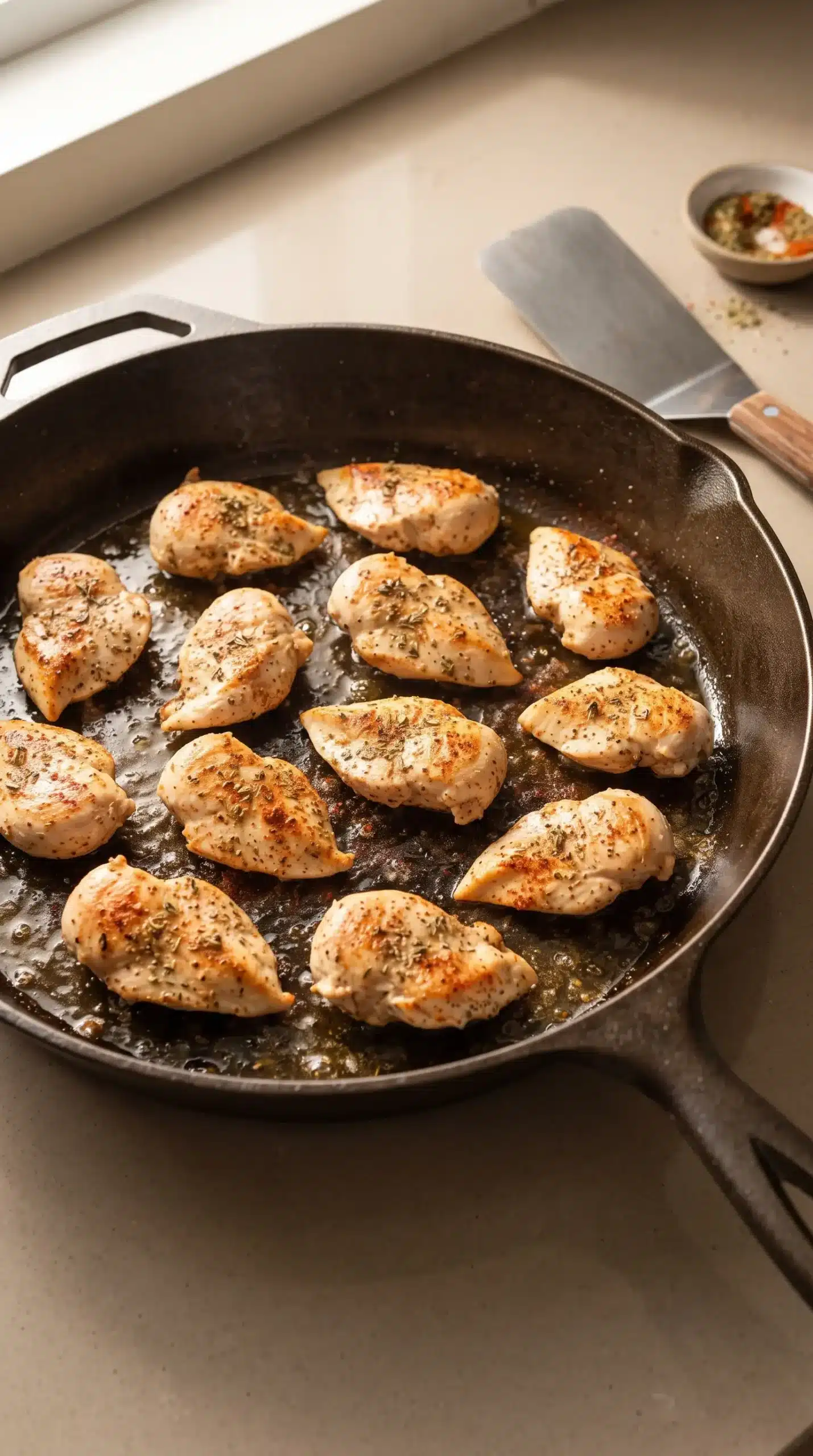 Seasoned chicken pieces browning in a skillet before adding to cheesy chicken pasta