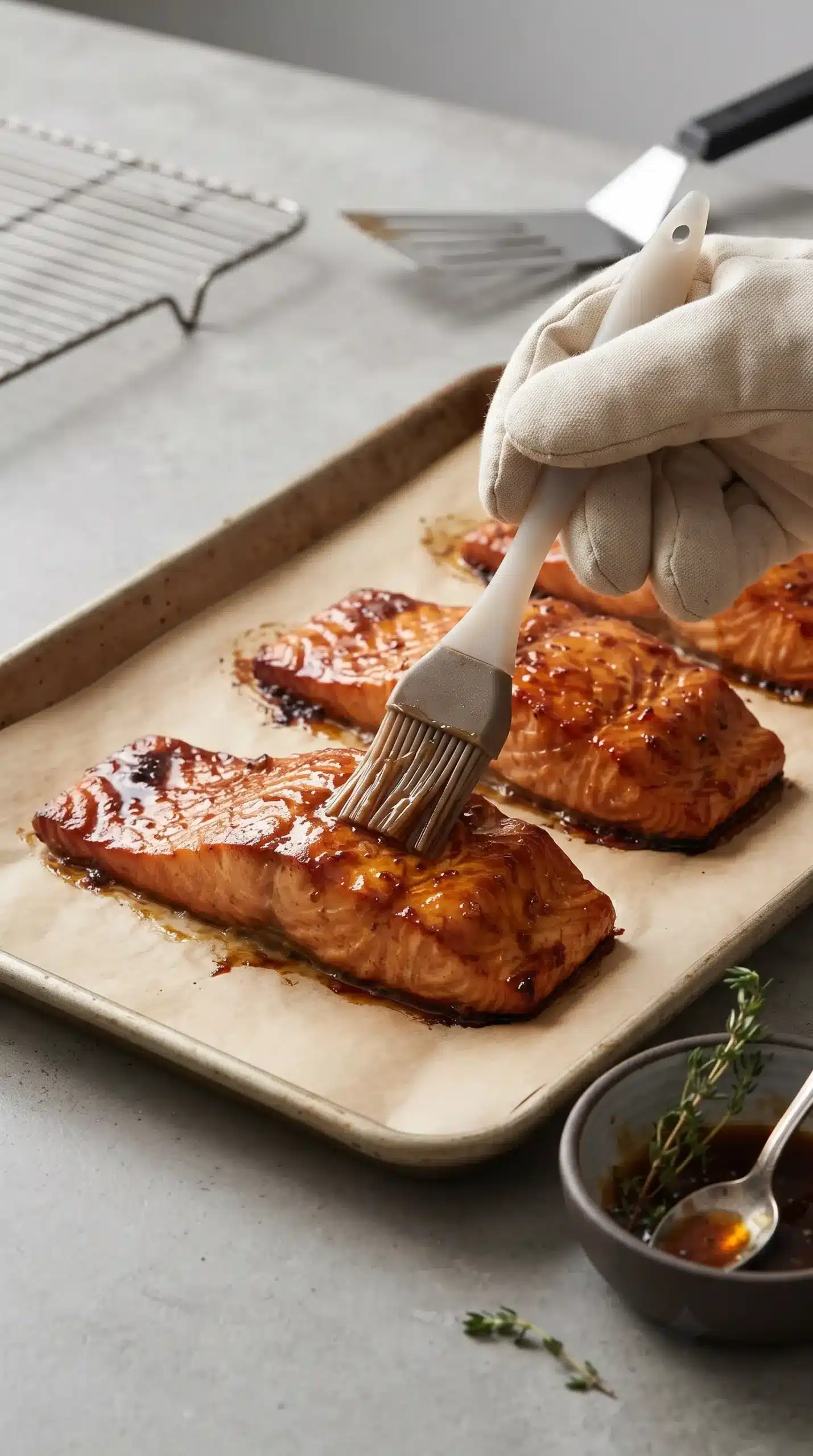 Salmon fillets on a baking sheet brushed with glossy honey-soy glaze before roasting