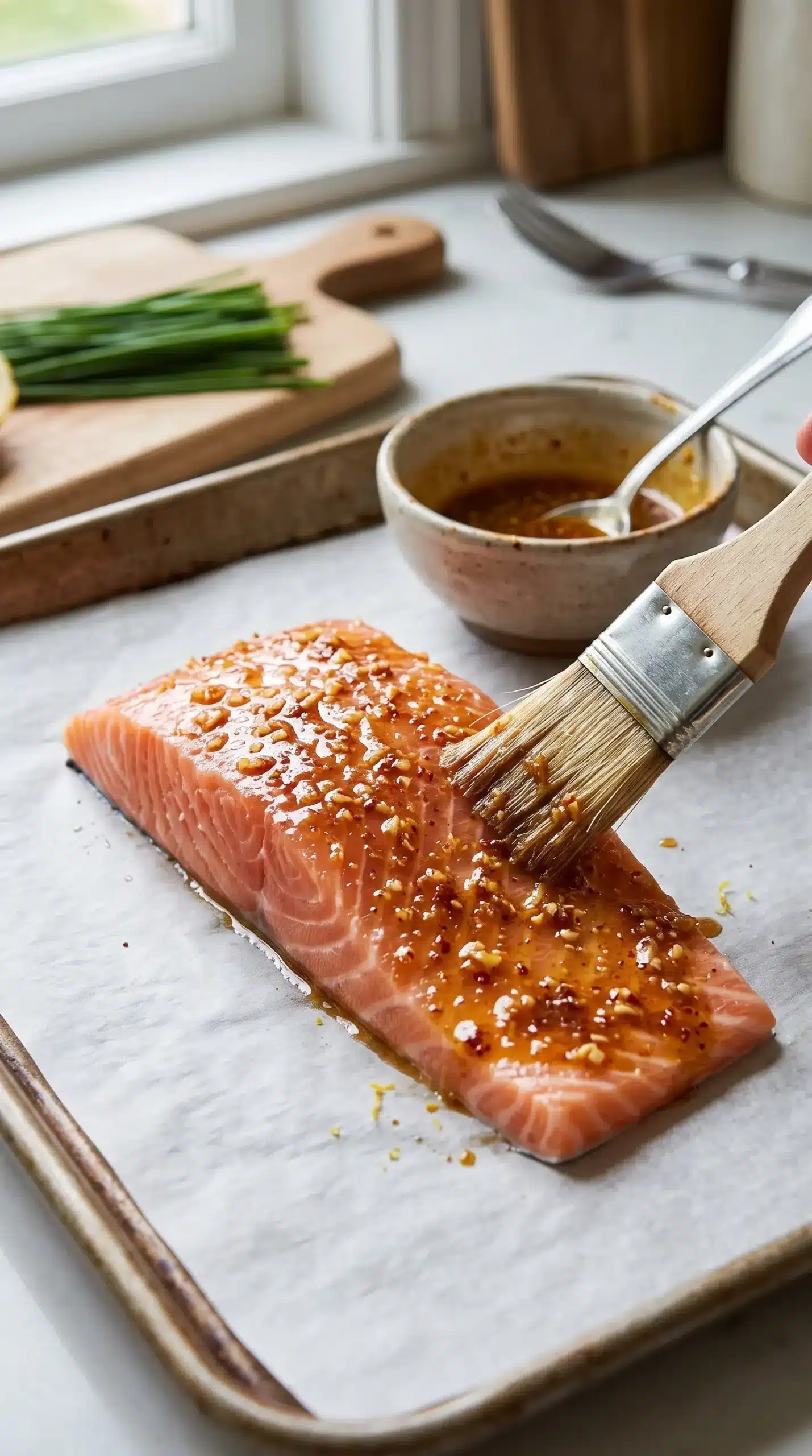Salmon fillet being brushed with garlic butter glaze on a lined baking sheet