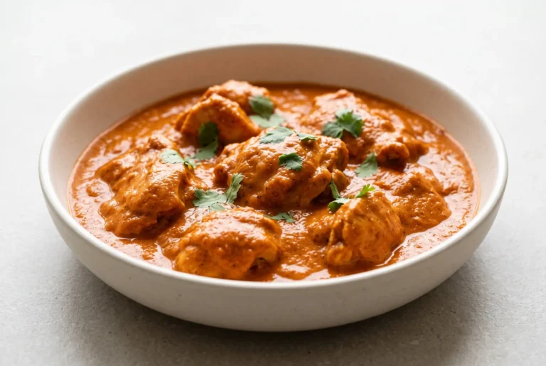 Homemade butter chicken with tender chicken thighs in creamy tomato sauce