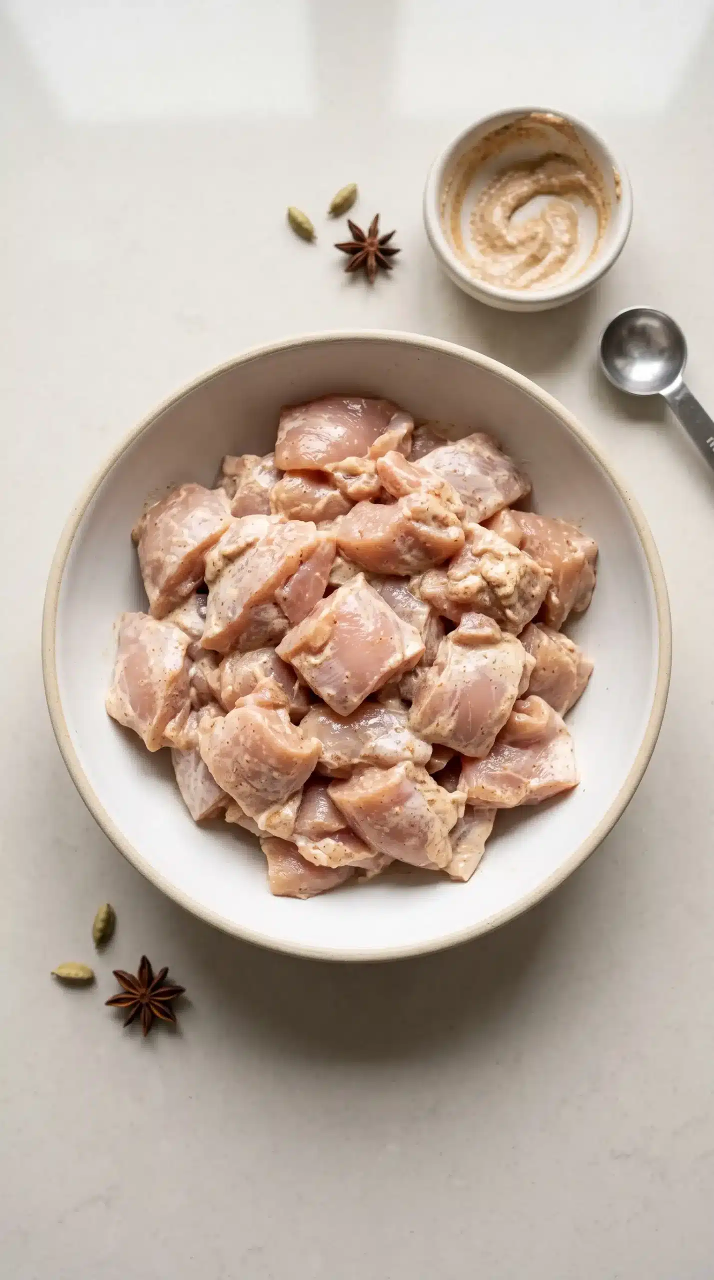 Chicken thighs coated in yogurt and spices for homemade butter chicken