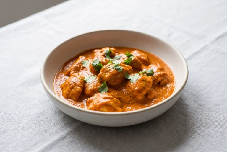 Butter chicken recipe with tender chicken in a smooth tomato cream sauce topped with cilantro