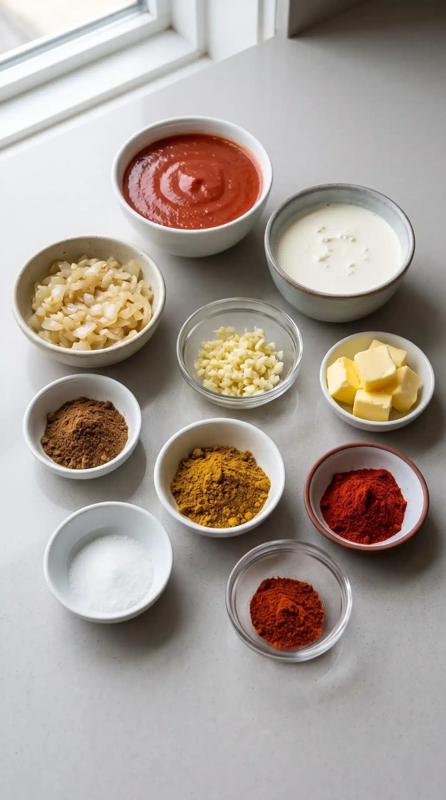 Ingredients for butter chicken recipe including tomato sauce, cream, butter, garlic, and spices