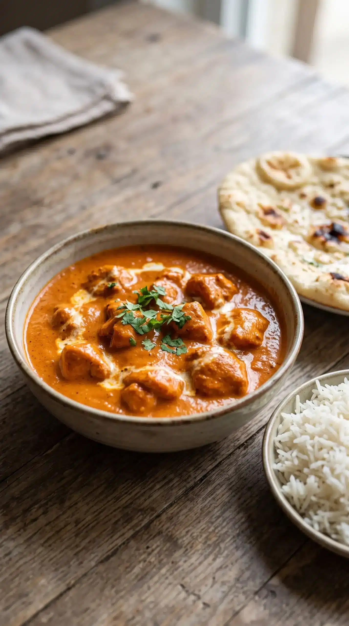 Serving of butter chicken with creamy sauce, basmati rice, naan, and fresh cilantro