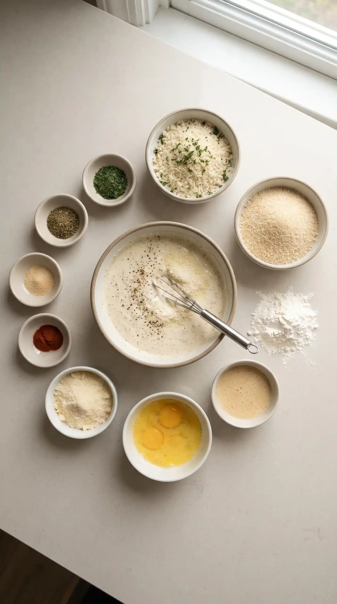 Creamy Caesar dressing with breading ingredients for a crispy chicken sandwich recipe
