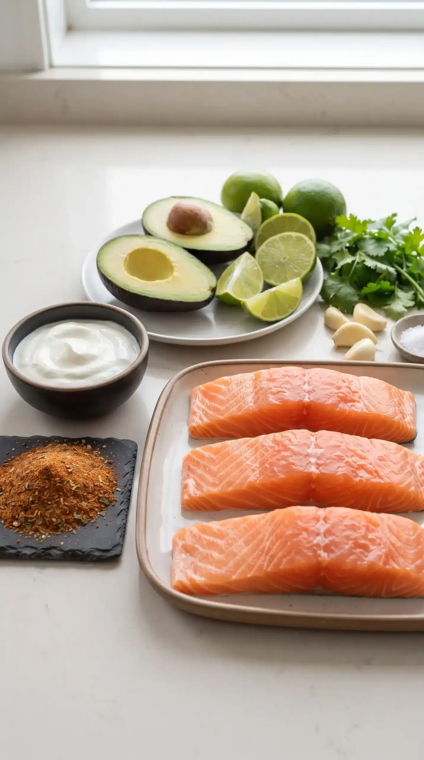 Professional food photography of an organized ingredient preparation scene for Quick Baked Cajun Salmon with Avocado Lime Sauce, not a finished dish. Show fresh salmon fillets as the main ingredient alongside ripe avocado halves, fresh limes cut open, Greek yogurt in a small bowl, Cajun seasoning, garlic, herbs, and simple seasoning ingredients arranged neatly on a light neutral countertop. Include realistic textures such as the salmon's natural color, creamy avocado flesh, and coarse Cajun spice blend. Use a close-up three-quarter angle with soft natural window light, minimal props, clean composition, and no wooden boards or rustic styling.
