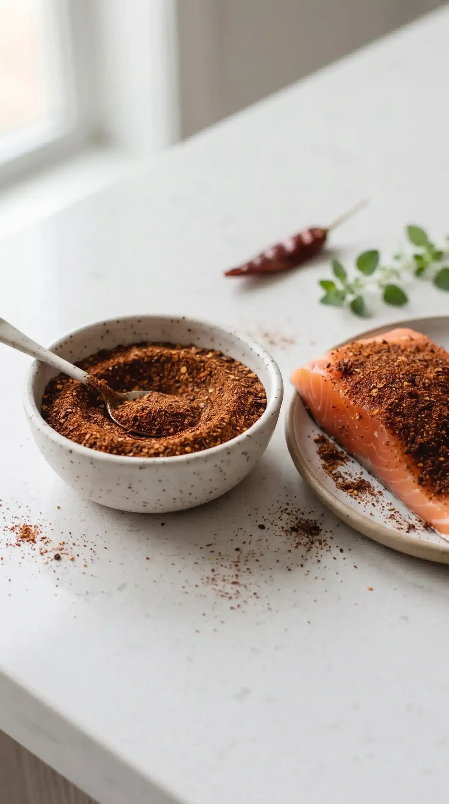 Cajun seasoning blend beside a salmon fillet coated with spices