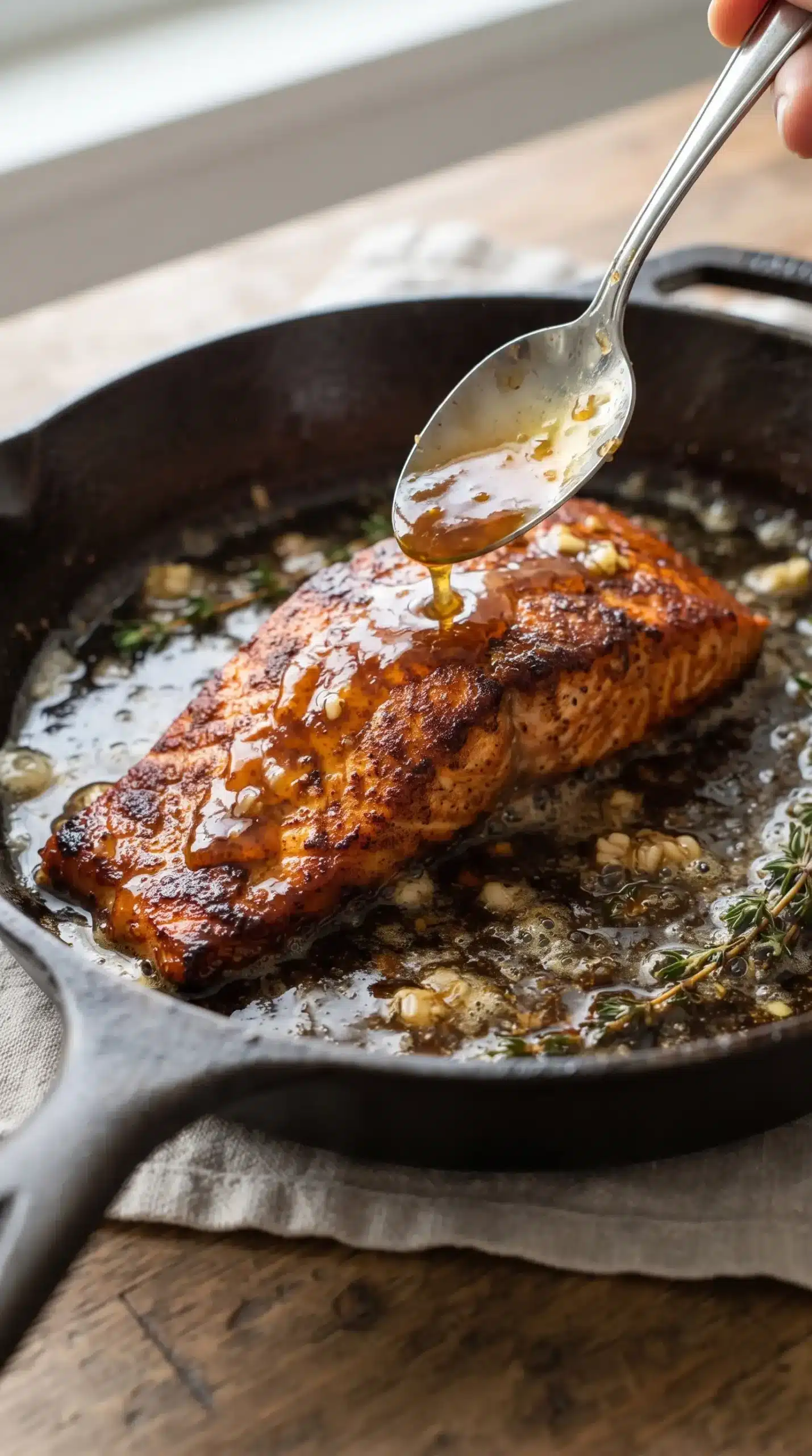 Cajun seasoned salmon fillet cooking in a skillet with honey butter sauce being added