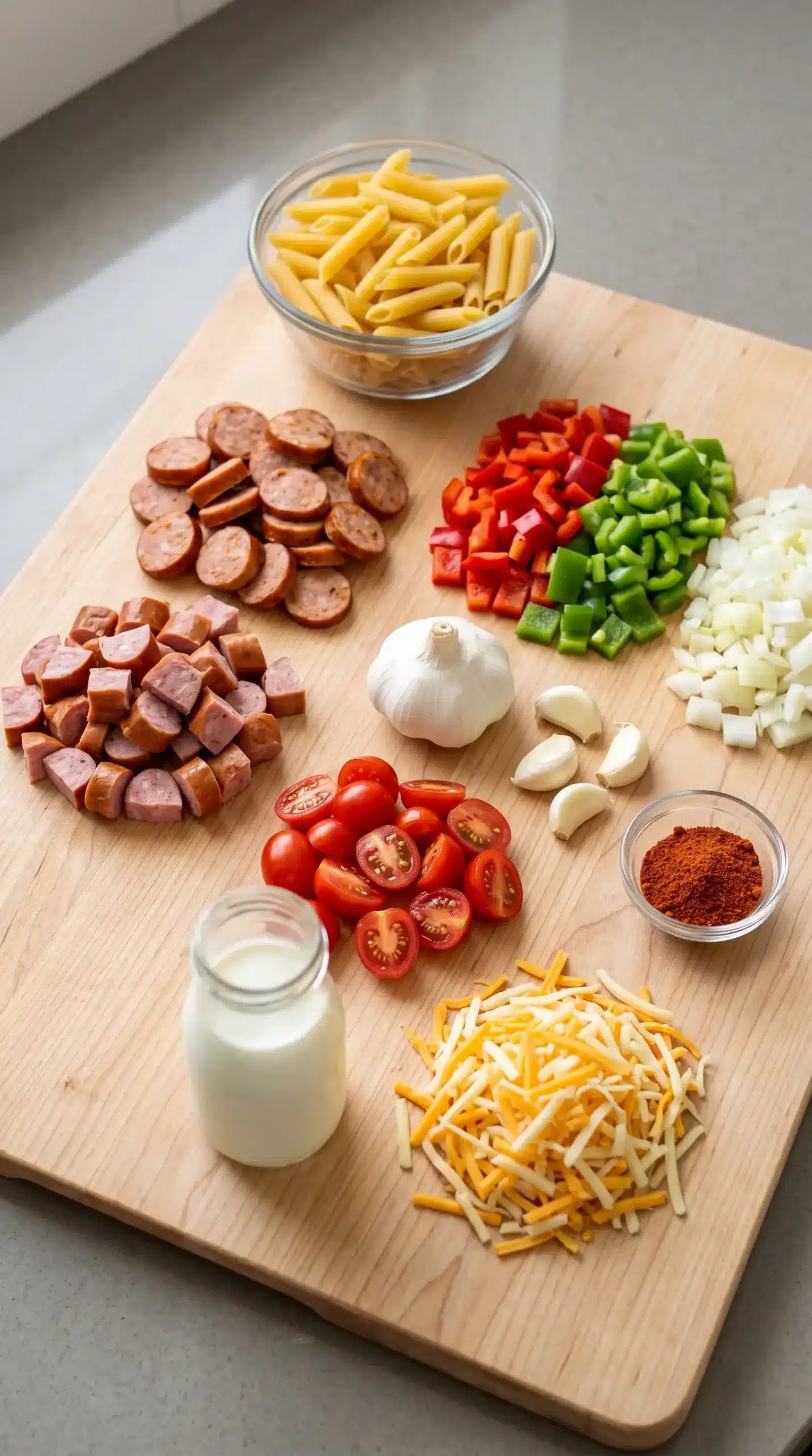 Ingredients for cajun sausage pasta with sliced sausage, peppers, tomatoes, cheese, and pasta