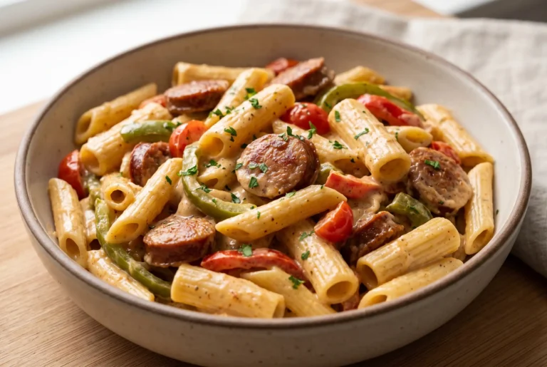 Cajun sausage pasta with creamy cheese sauce, smoked sausage, peppers, tomatoes, and pasta in a bowl