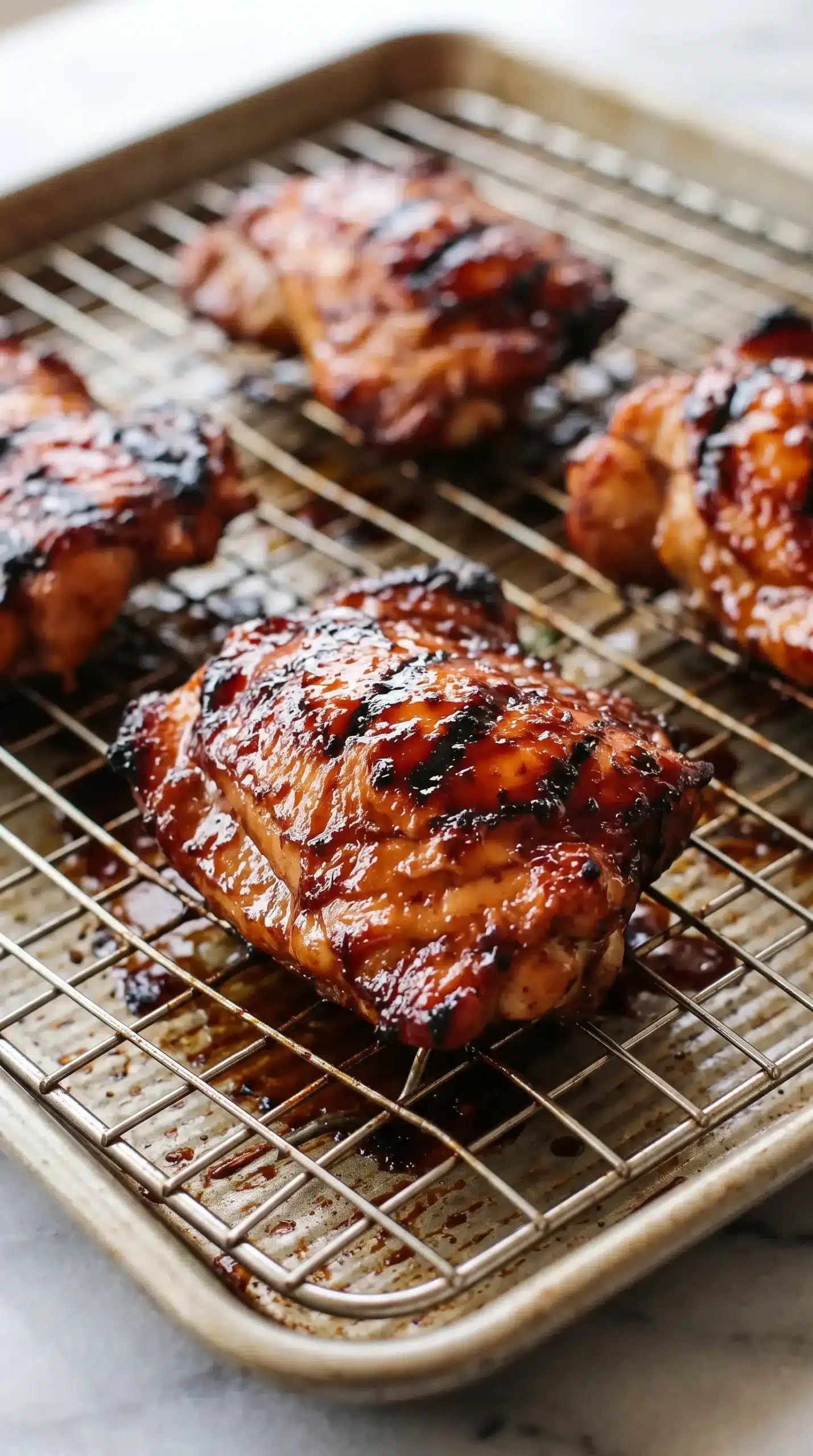 Char siu chicken thighs on a rack with sticky glaze caramelizing during cooking