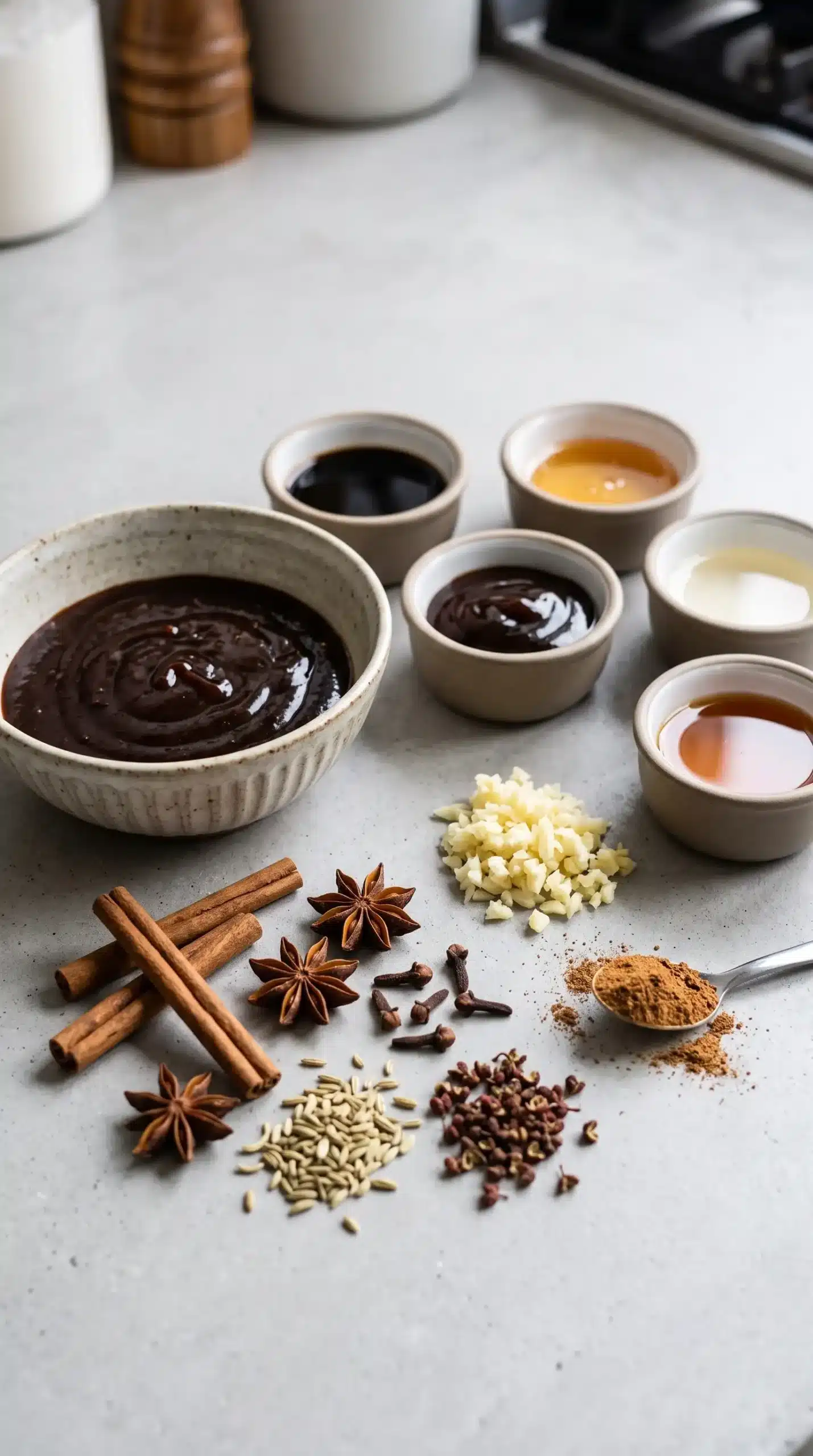 Hoisin sauce, soy sauce, honey, garlic, sesame oil, and five-spice marinade ingredients