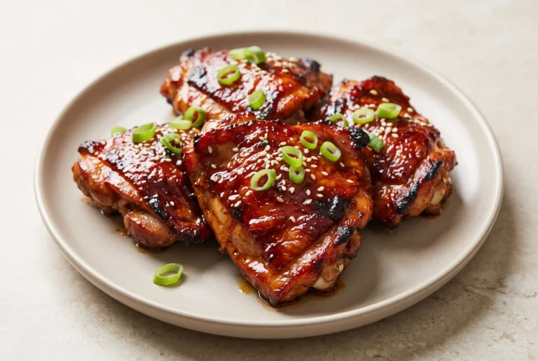 Char siu chicken thighs with glossy Chinese five-spice glaze and caramelized edges on a plate