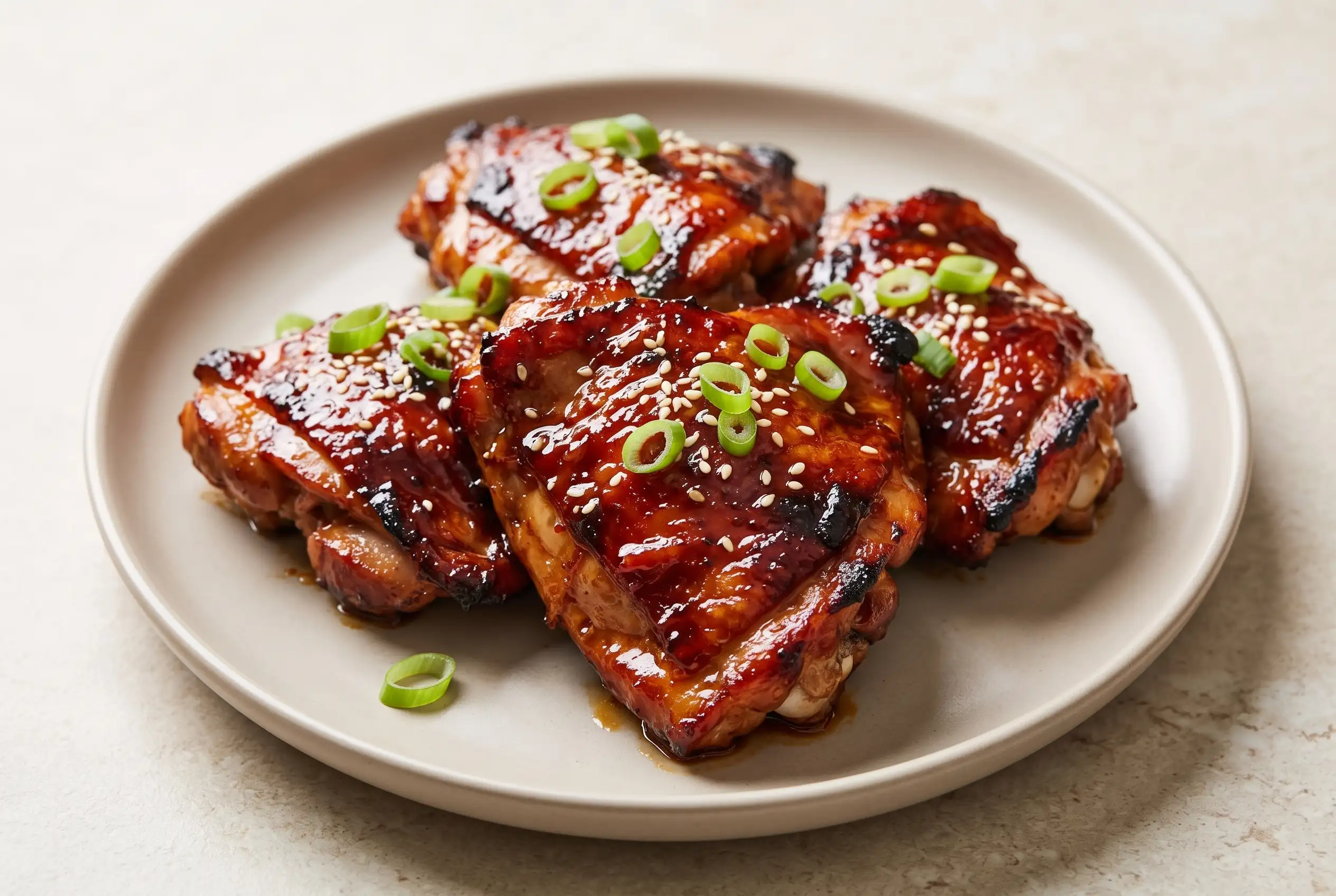 Char siu chicken thighs with glossy Chinese five-spice glaze and caramelized edges on a plate