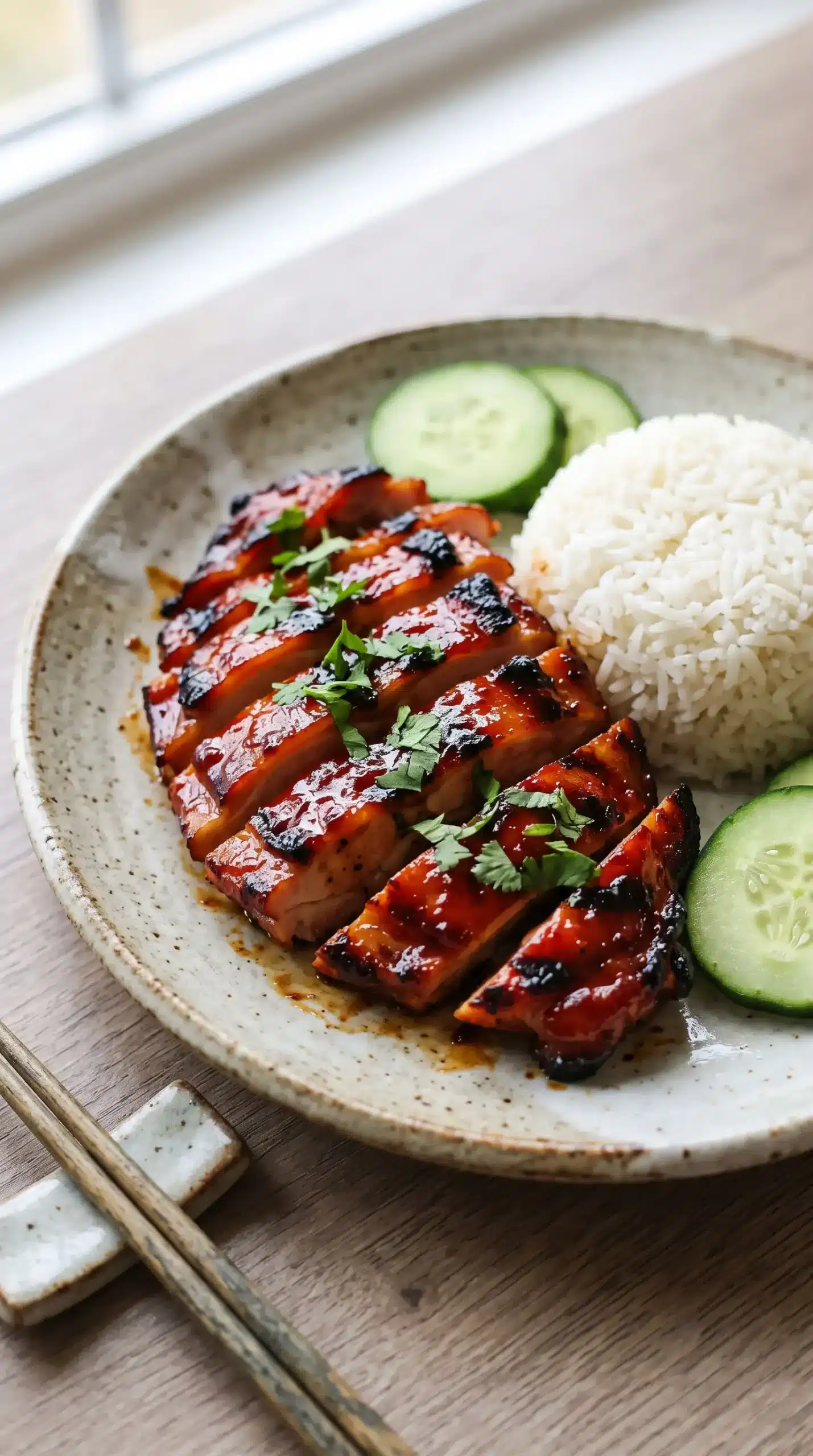 Sliced char siu chicken with glossy glaze served with jasmine rice and vegetables