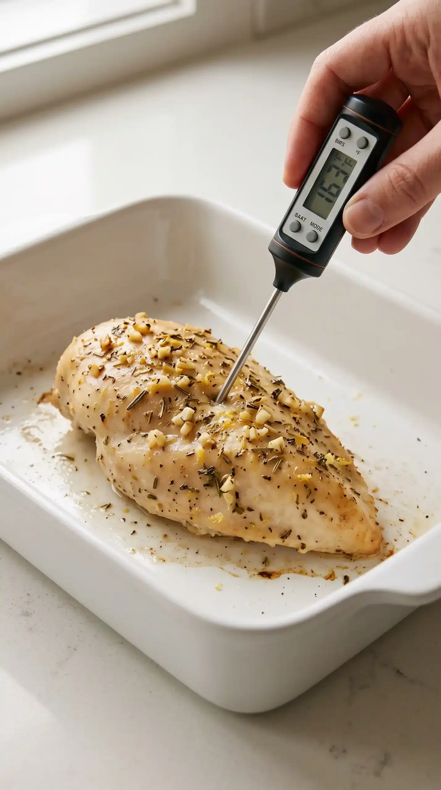 Cooked chicken breast checked with a thermometer in a baking dish