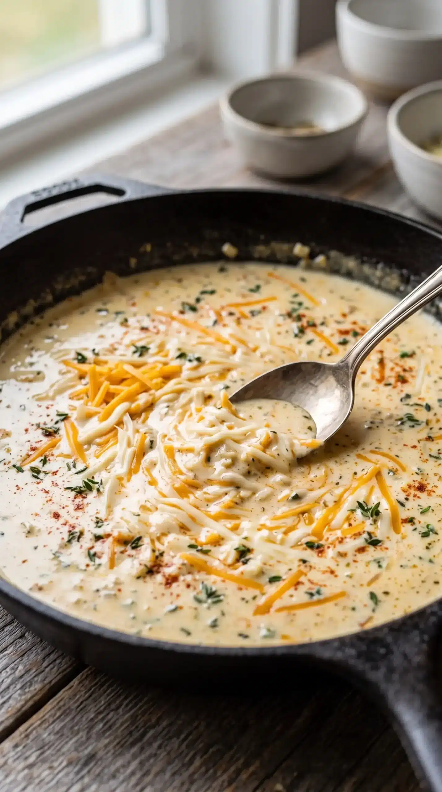 Cheddar and mozzarella cheese sauce melting with herbs in a skillet