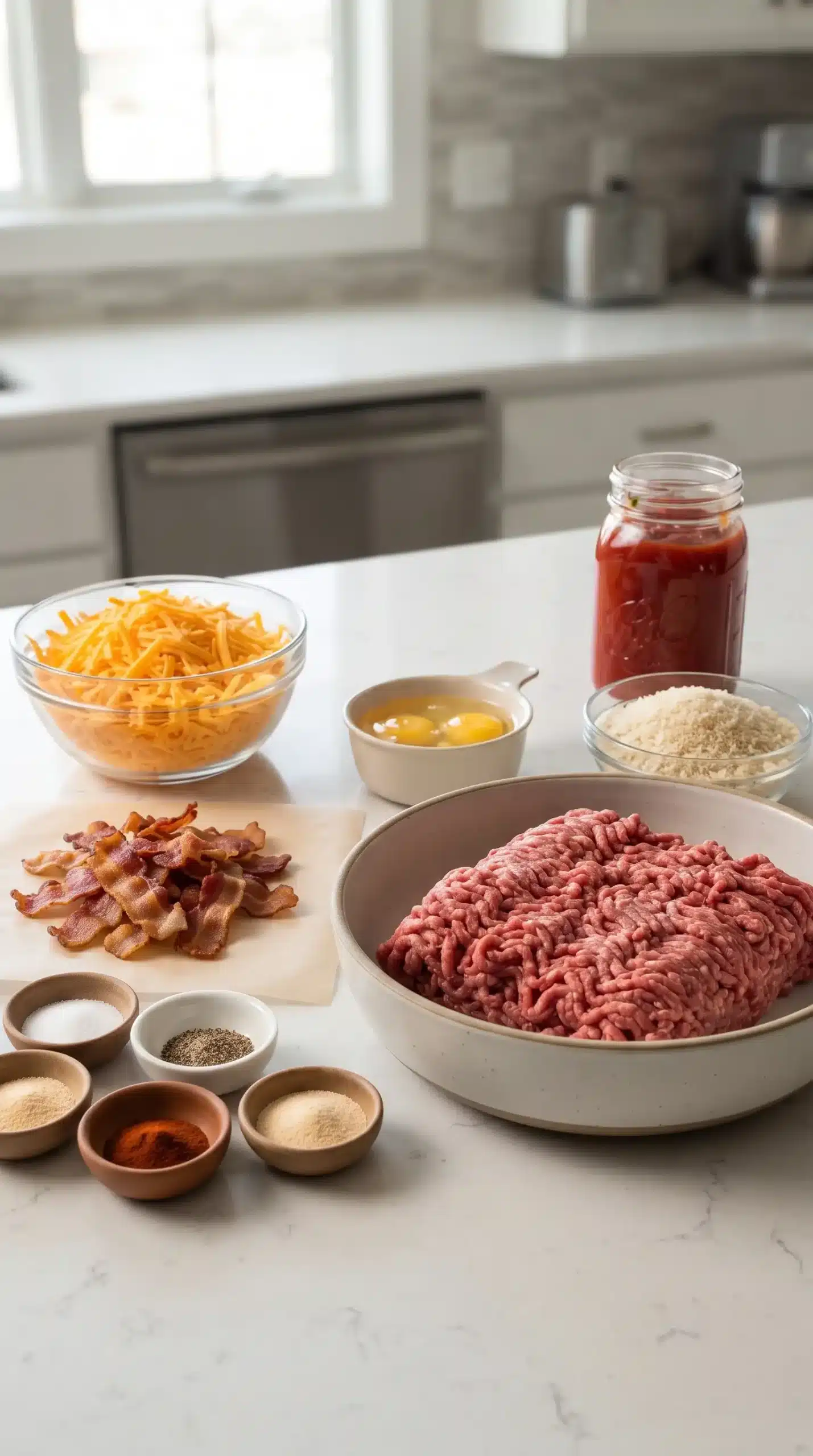 Ingredients for cheeseburger meatloaf with ground beef, cheddar, bacon, and seasonings