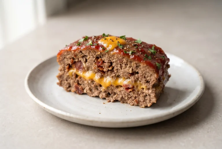 Slice of cheeseburger meatloaf with bacon and cheddar cheese on a plate