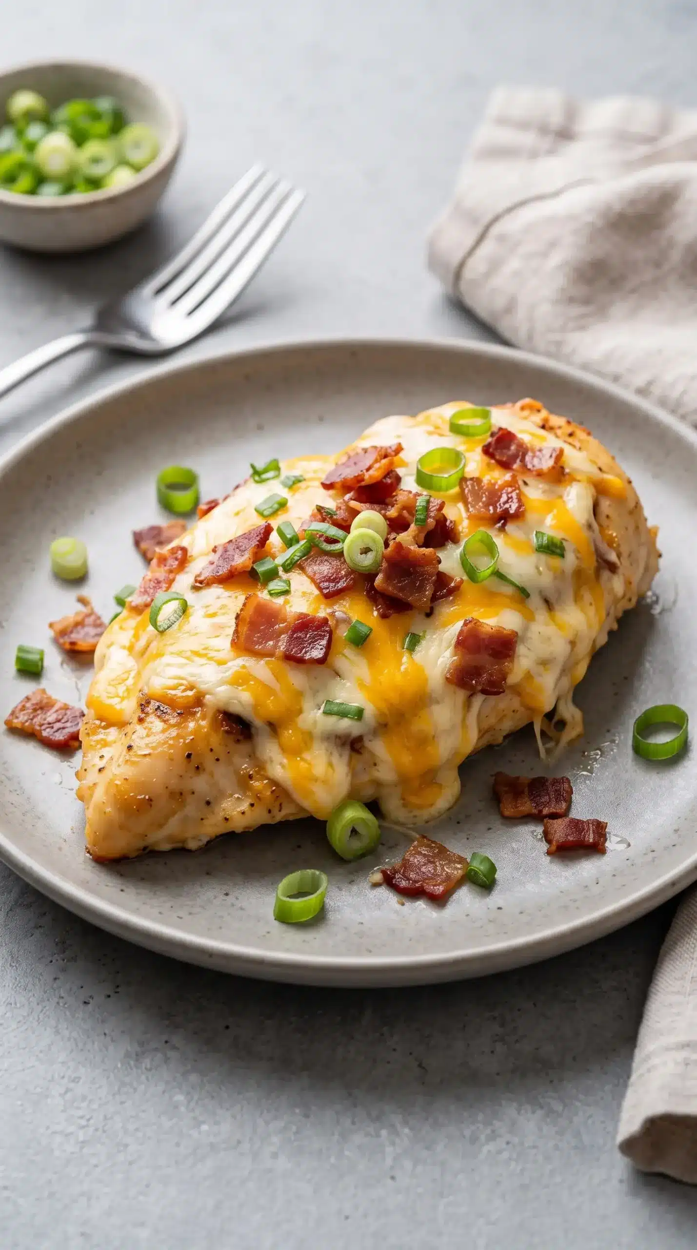 Baked chicken breast with creamy melted cheese, crispy bacon, and green onions