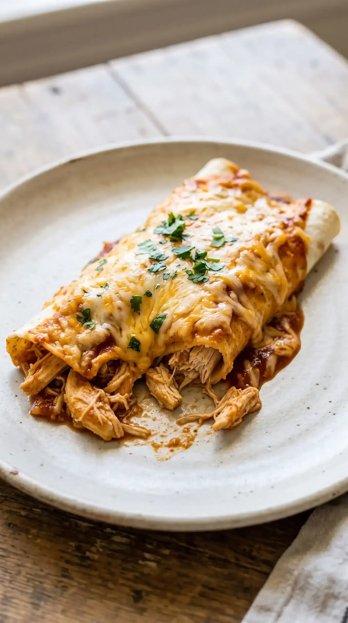 Baked chicken enchiladas topped with melted cheese, sauce, and cilantro garnish