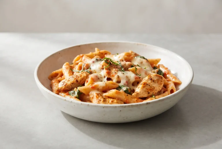 Cheesy chicken pasta with creamy garlic sauce and melted cheese in a ceramic bowl