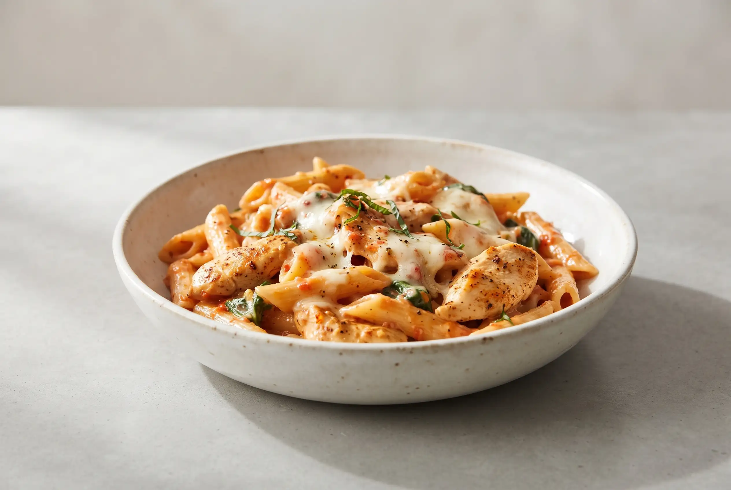 Cheesy chicken pasta with creamy garlic sauce and melted cheese in a ceramic bowl