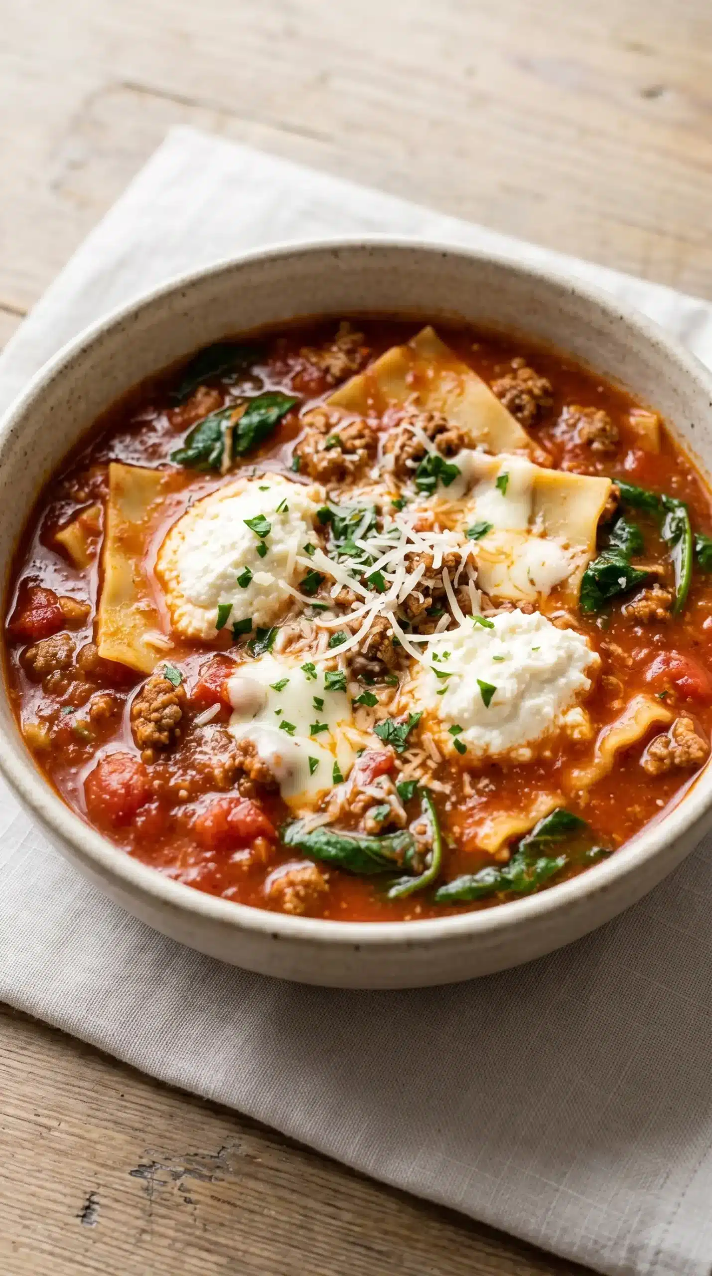 Finished lasagna soup with ricotta, mozzarella, Parmesan, beef, and spinach
