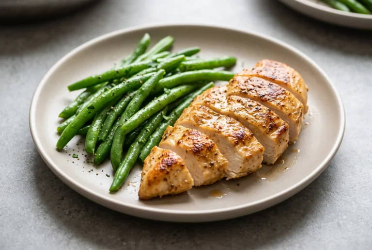 Chicken breast and green beans skillet meal with sliced seared chicken and crisp-tender beans