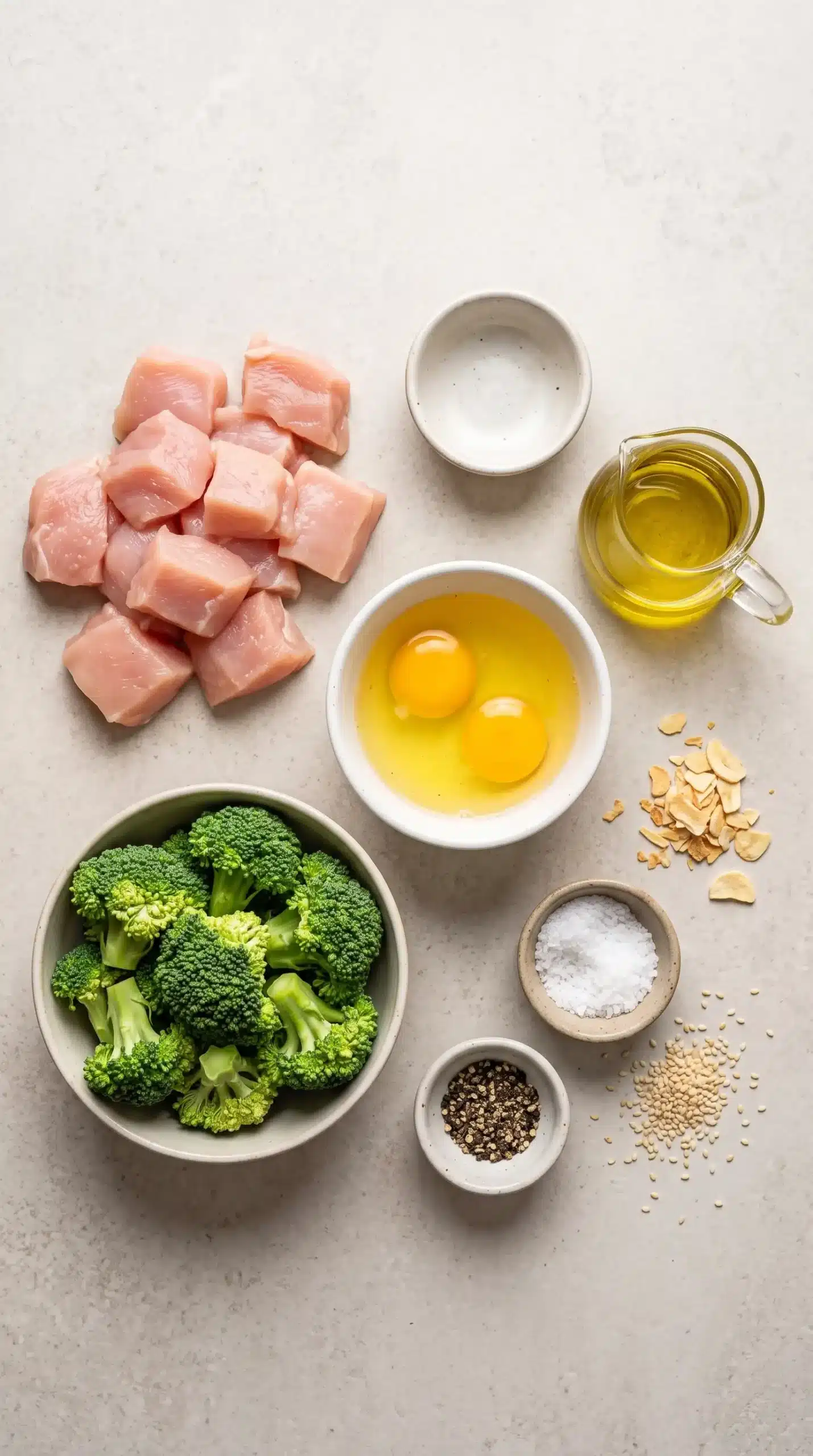 Raw chicken breast, broccoli, eggs, olive oil, and seasonings arranged for preparation