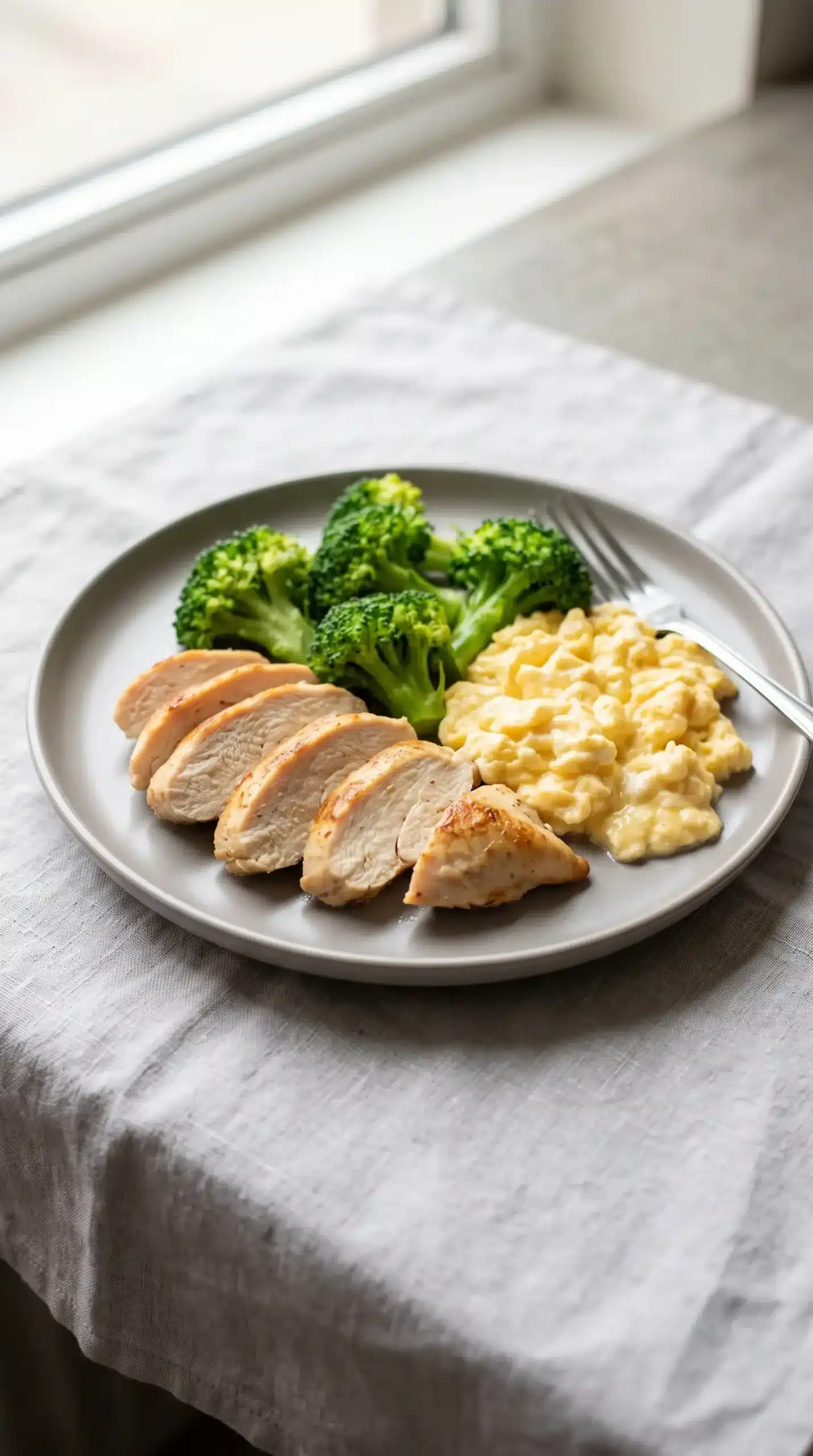 Plated chicken breast with broccoli and creamy scrambled eggs as a healthy meal