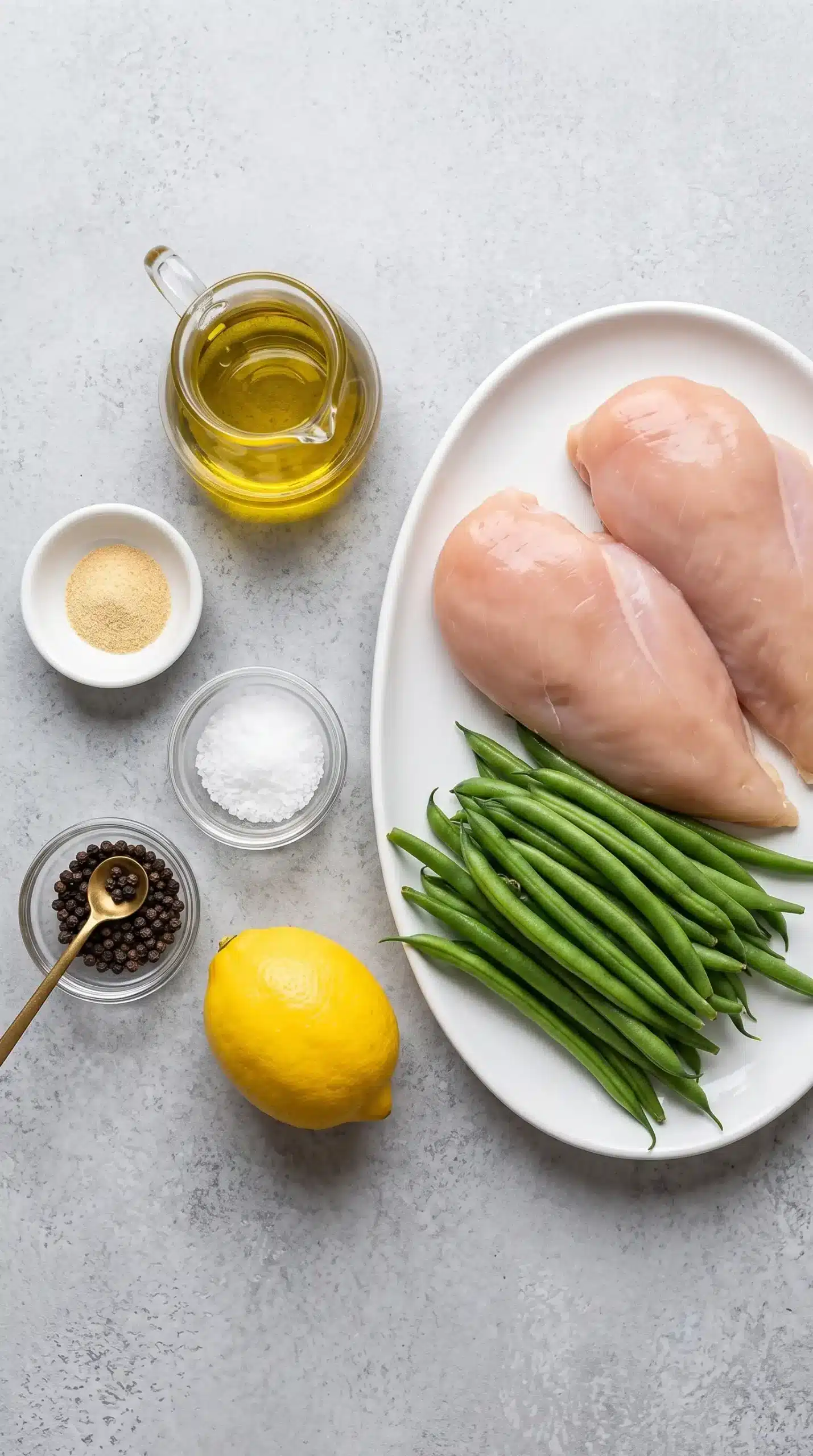 Ingredients for chicken breast and green beans skillet meal arranged on a simple surface