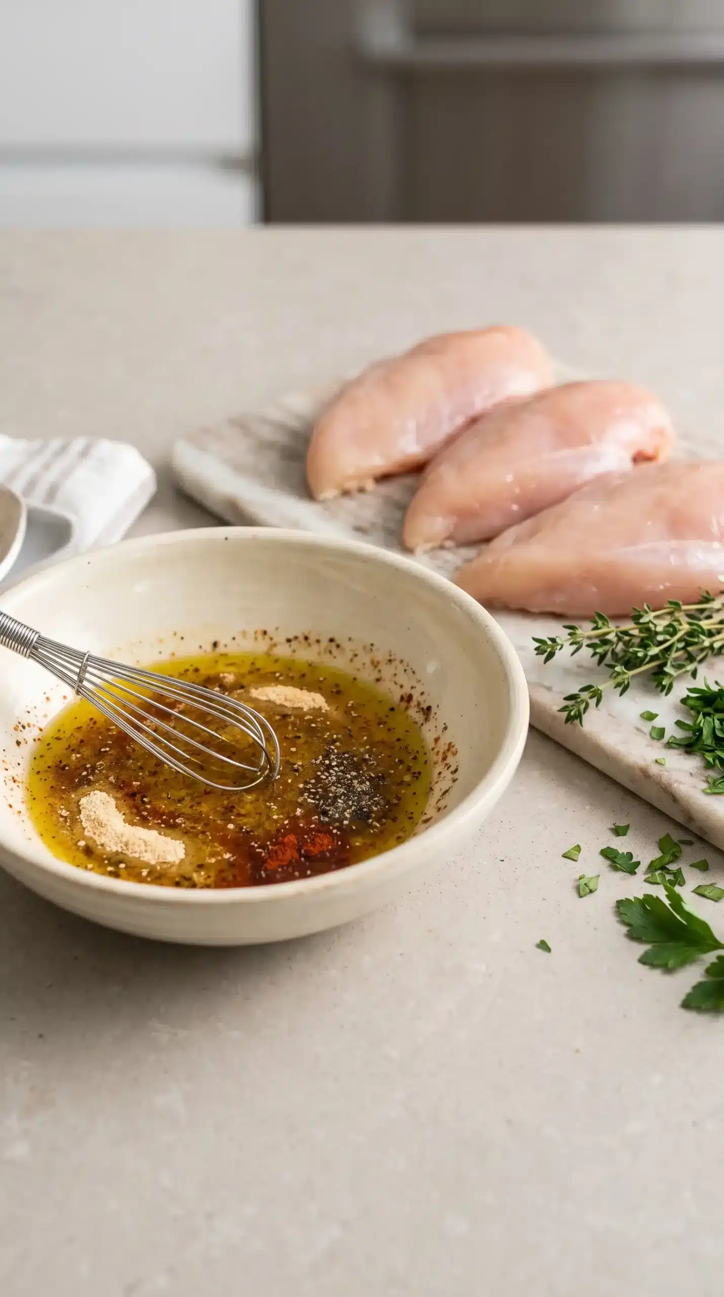 Olive oil and spice seasoning mixture prepared for oven baked chicken breast