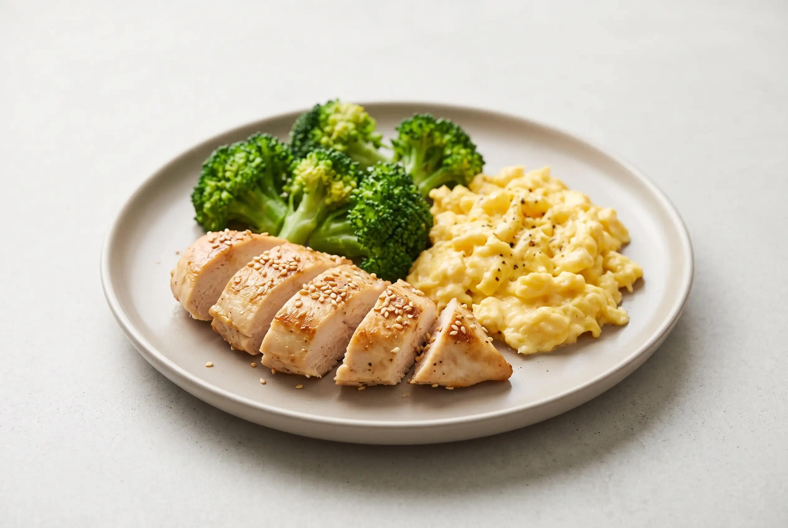 Chicken breast with broccoli and soft scrambled eggs served as a balanced meal on a plate