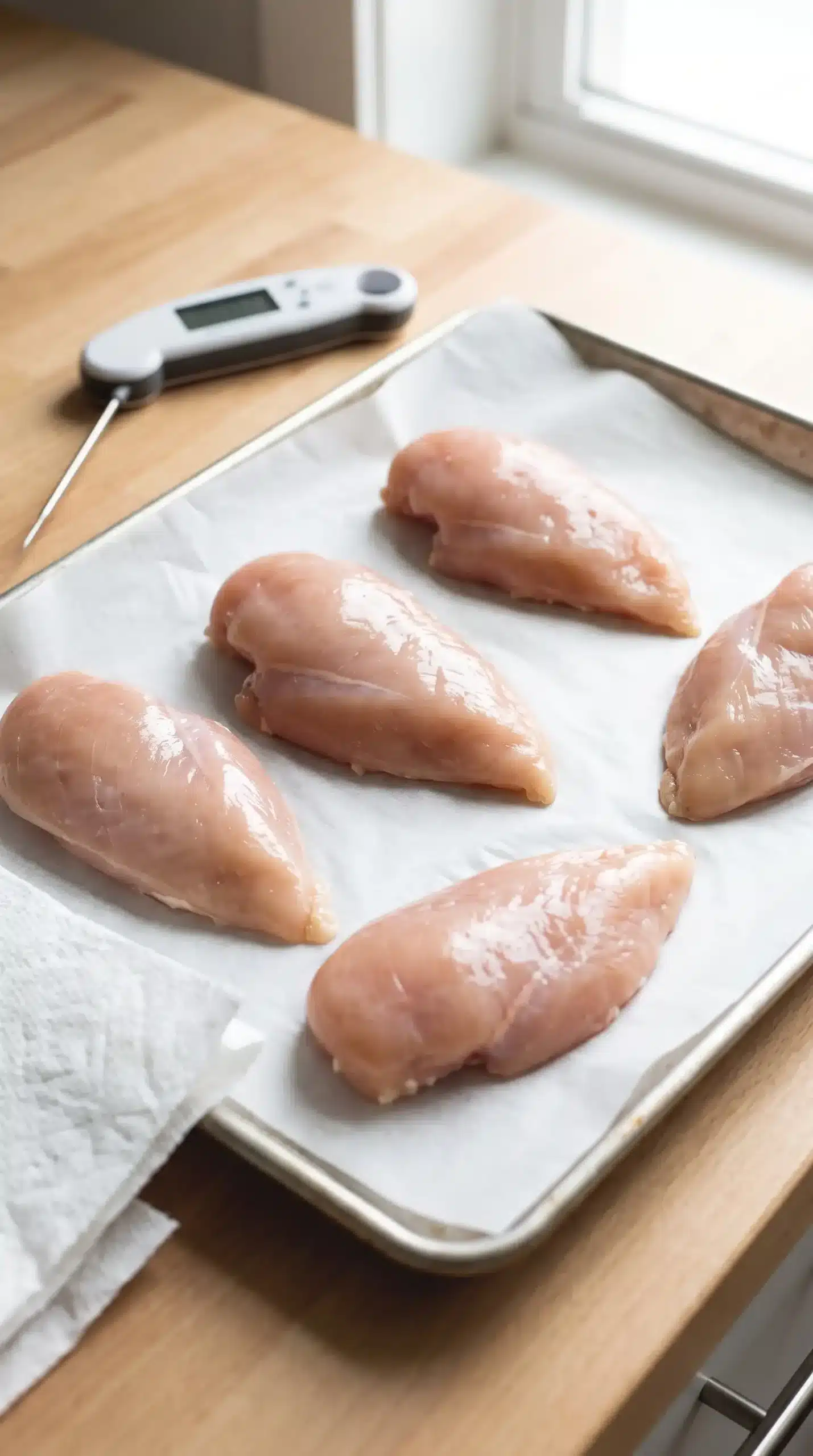 Raw chicken breasts arranged on a baking sheet before oven baking