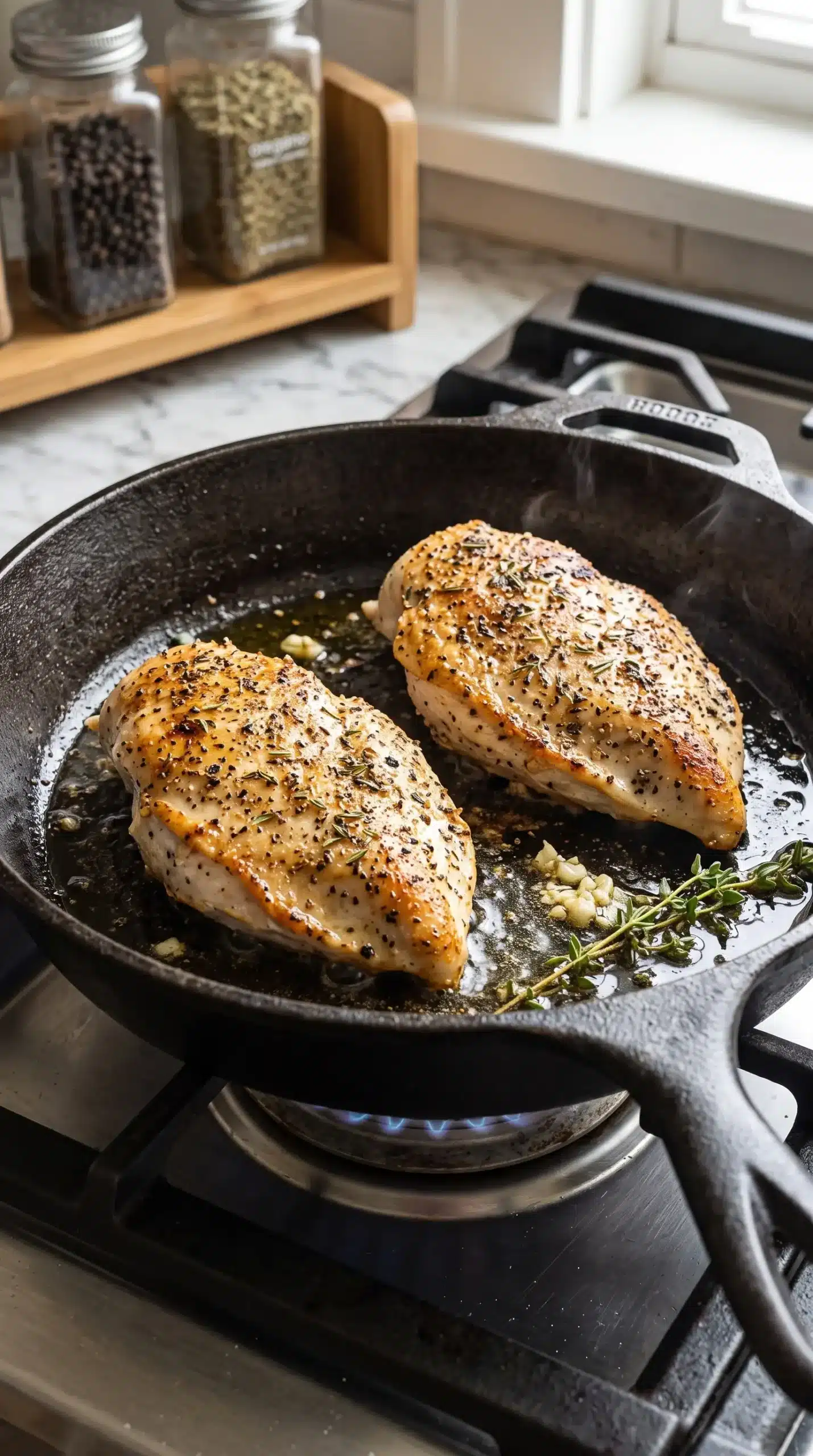 Seasoned chicken breasts searing in a hot cast iron skillet