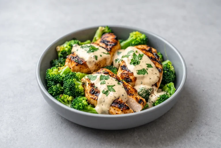 Chicken broccoli bowls with grilled chicken, broccoli, and creamy garlic sauce