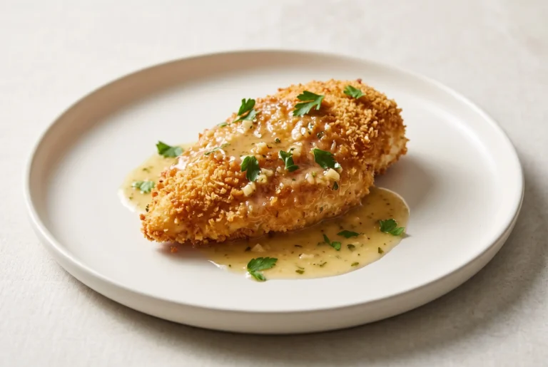 Chicken Christopher recipe with crispy breaded chicken and garlic lemon butter sauce on a plate