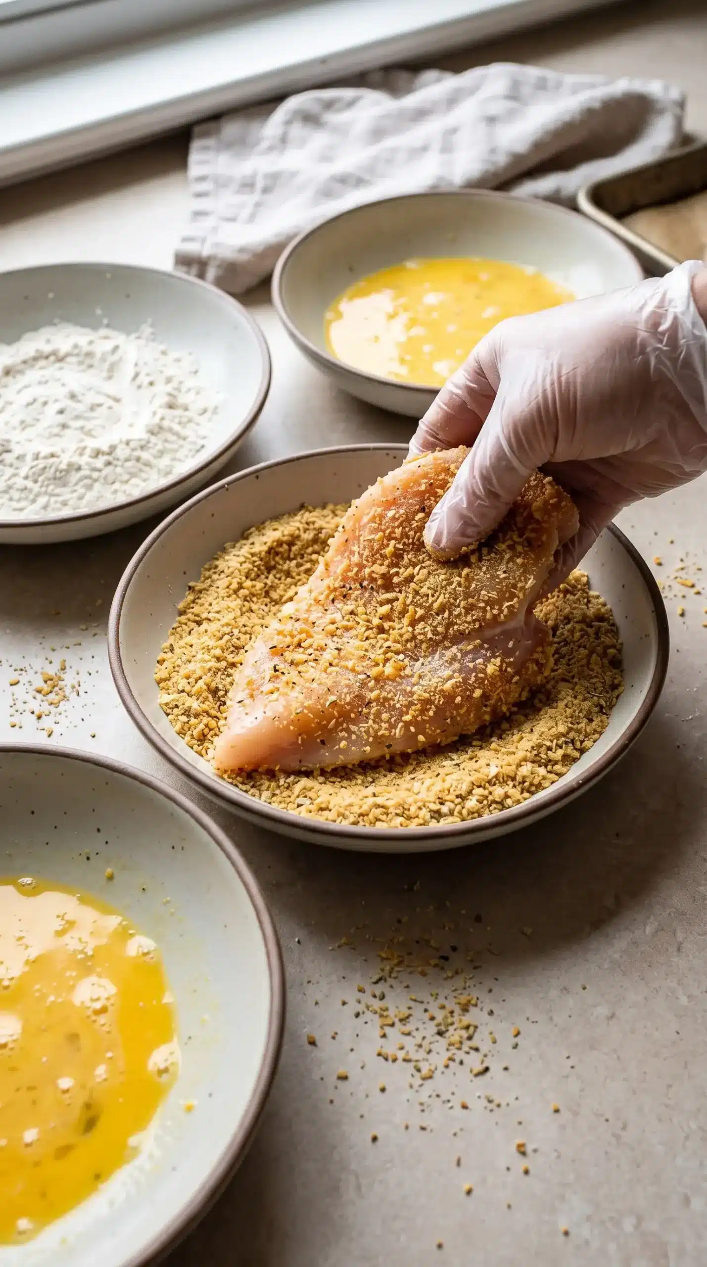 Breaded chicken cutlet being coated with breadcrumbs beside flour and egg wash