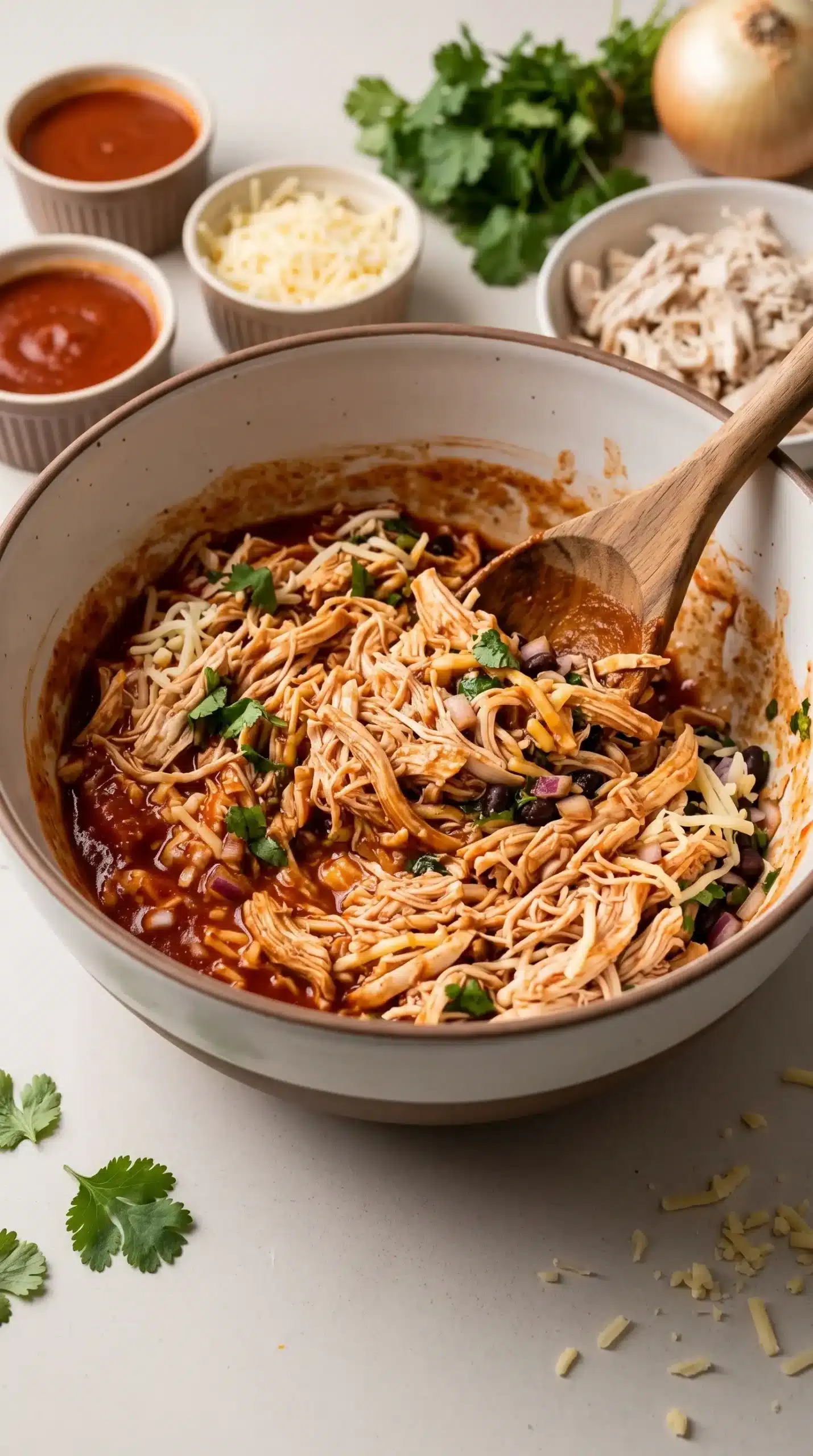 Shredded chicken filling mixed with enchilada sauce, cheese, and herbs in a bowl