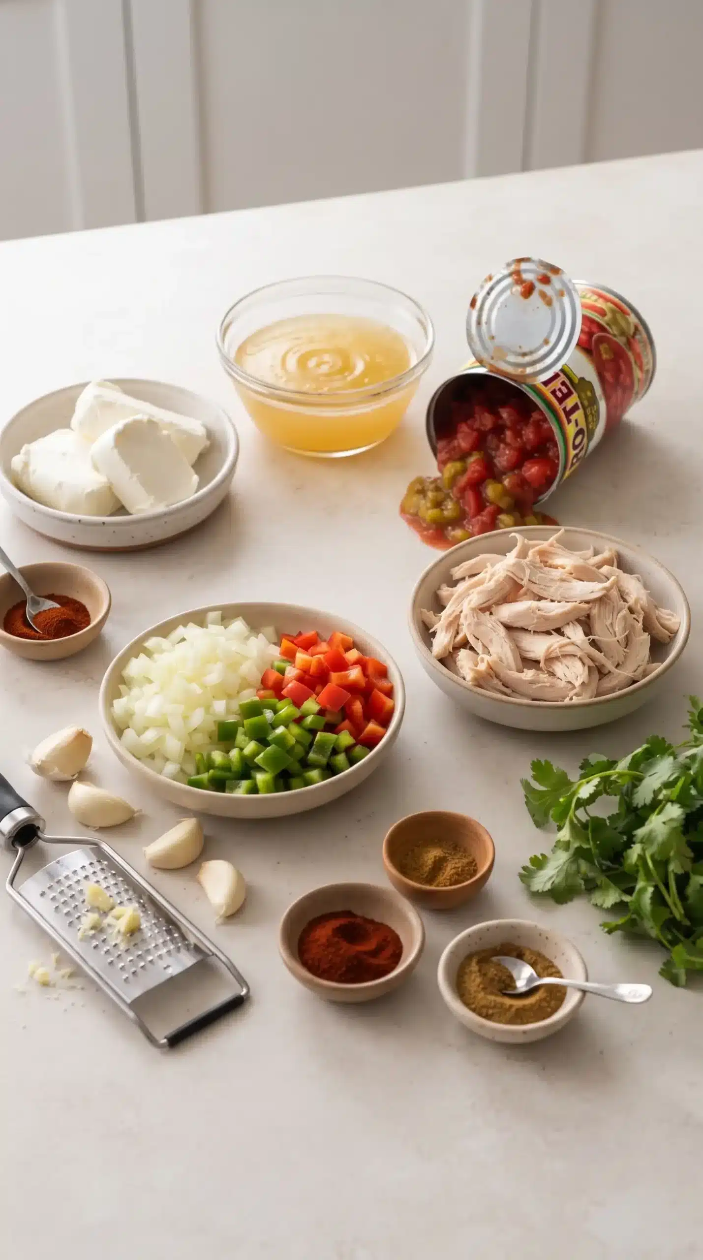 Ingredients for chicken enchilada soup with cream cheese, broth, tomatoes, chicken, and vegetables