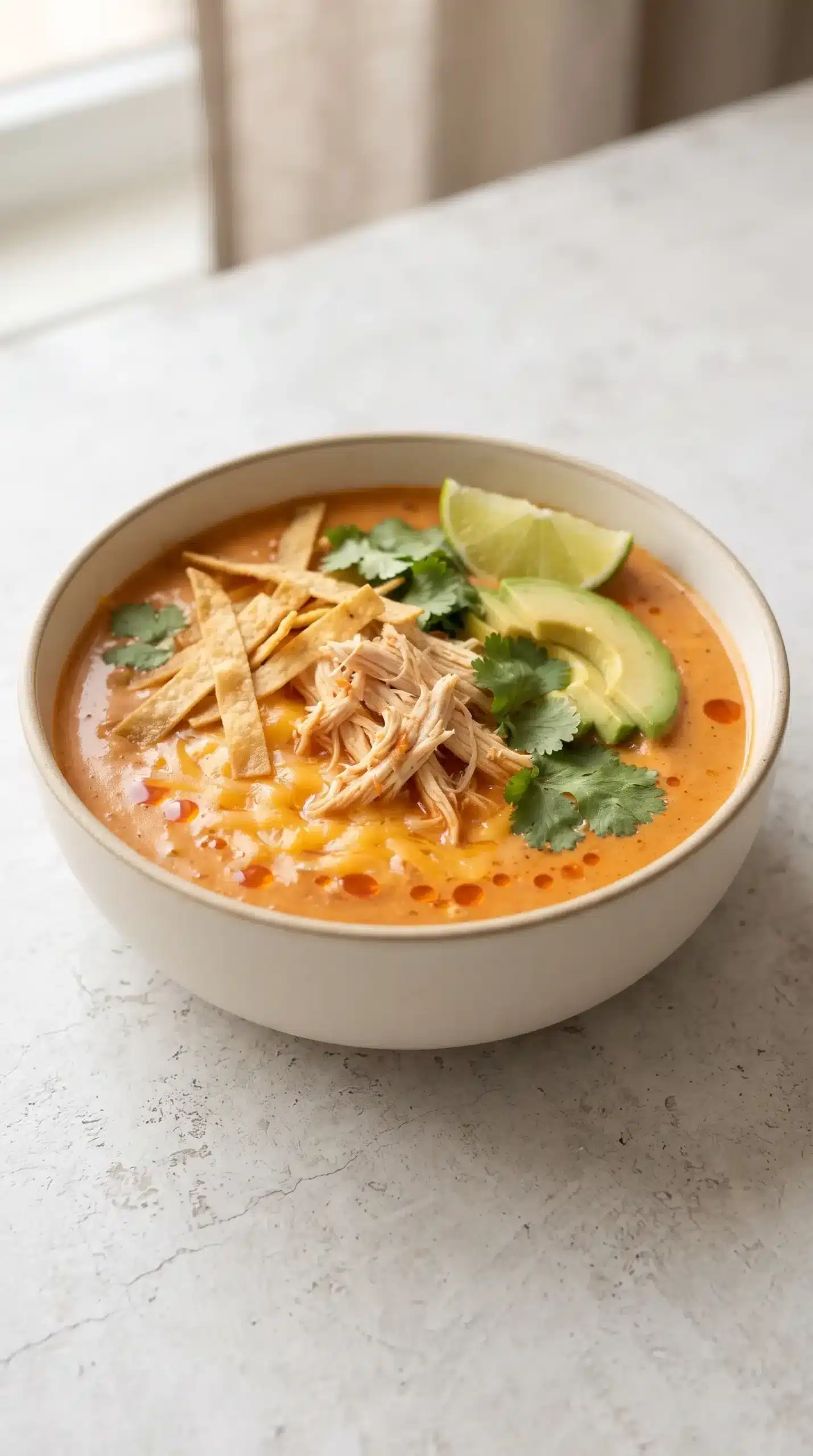 Finished chicken enchilada soup topped with cheddar, tortilla strips, avocado, cilantro, and lime