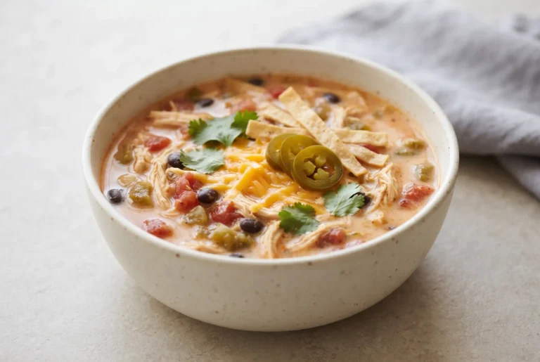 Chicken enchilada soup with creamy broth, shredded chicken, cheddar, cilantro, and tortilla strips in a bowl