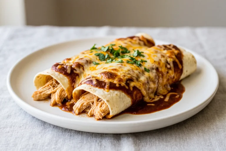 Chicken enchiladas with red sauce, melted cheese, and shredded chicken filling on a plate