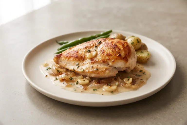 Chicken in white wine sauce with golden chicken, onions, garlic, and thyme on a plate